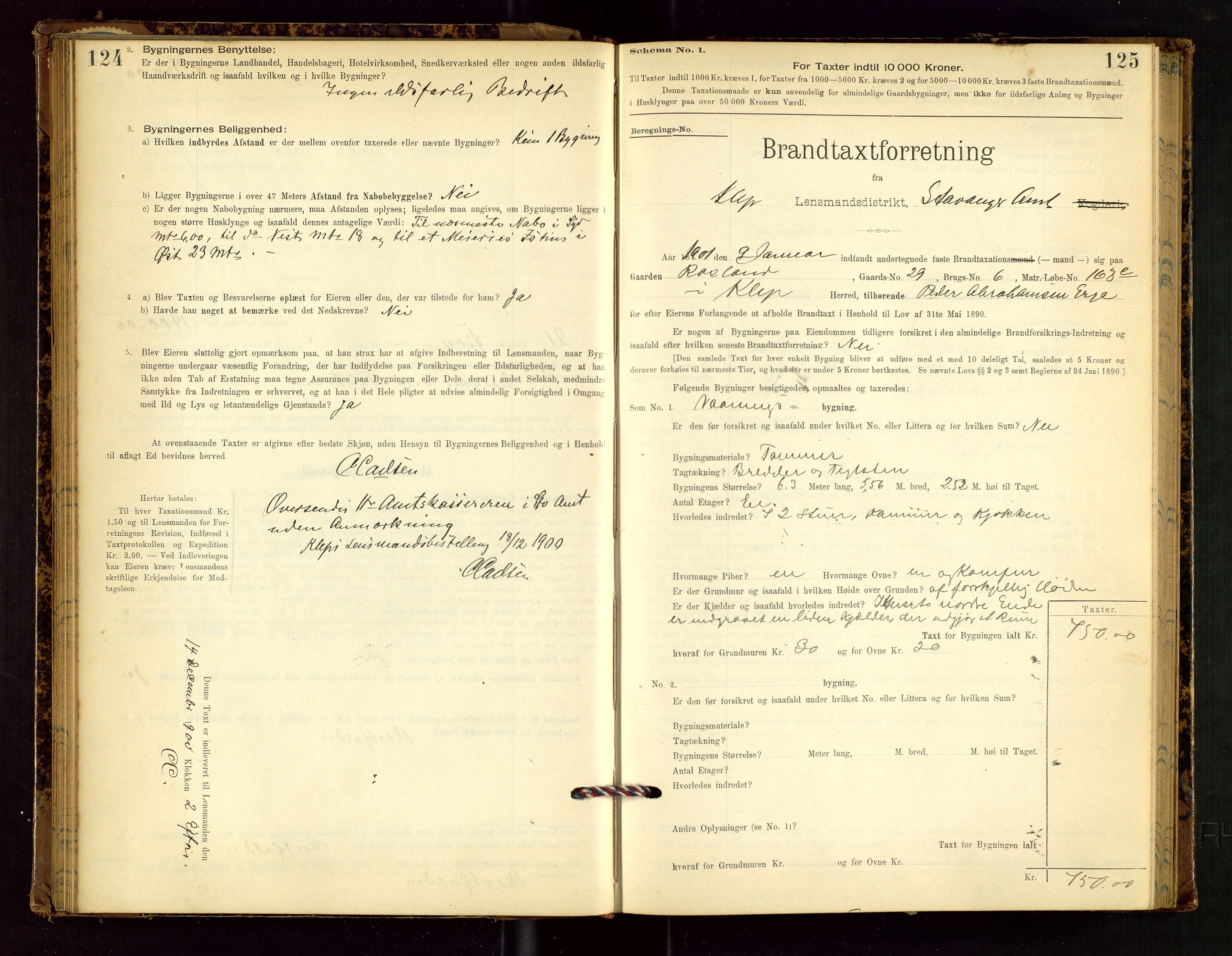 Klepp lensmannskontor, SAST/A-100163/Goc/L0002: "Brandtaxationsprotokol" m/register, 1898-1902, p. 124-125