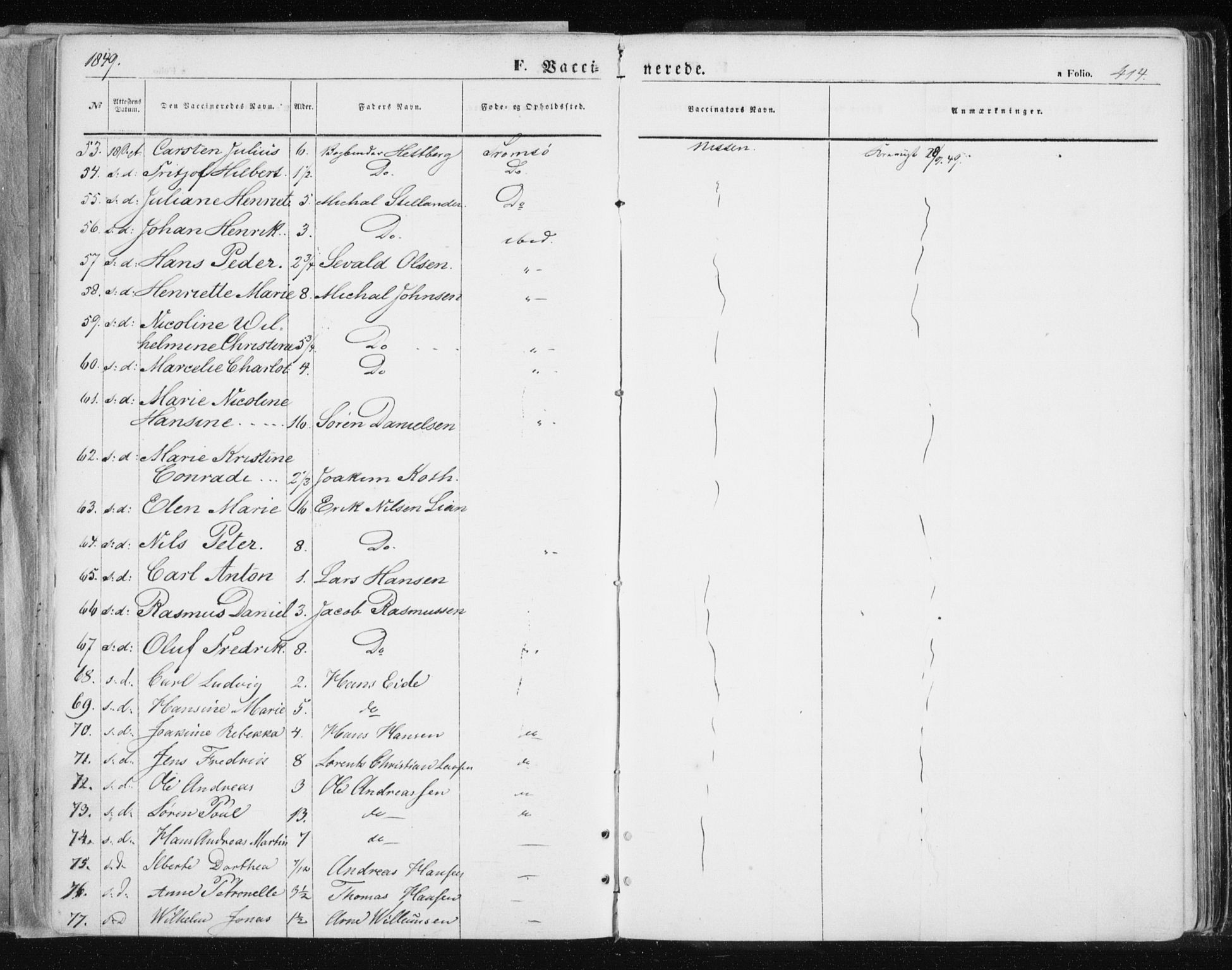 Tromsø sokneprestkontor/stiftsprosti/domprosti, AV/SATØ-S-1343/G/Ga/L0010kirke: Parish register (official) no. 10, 1848-1855, p. 414