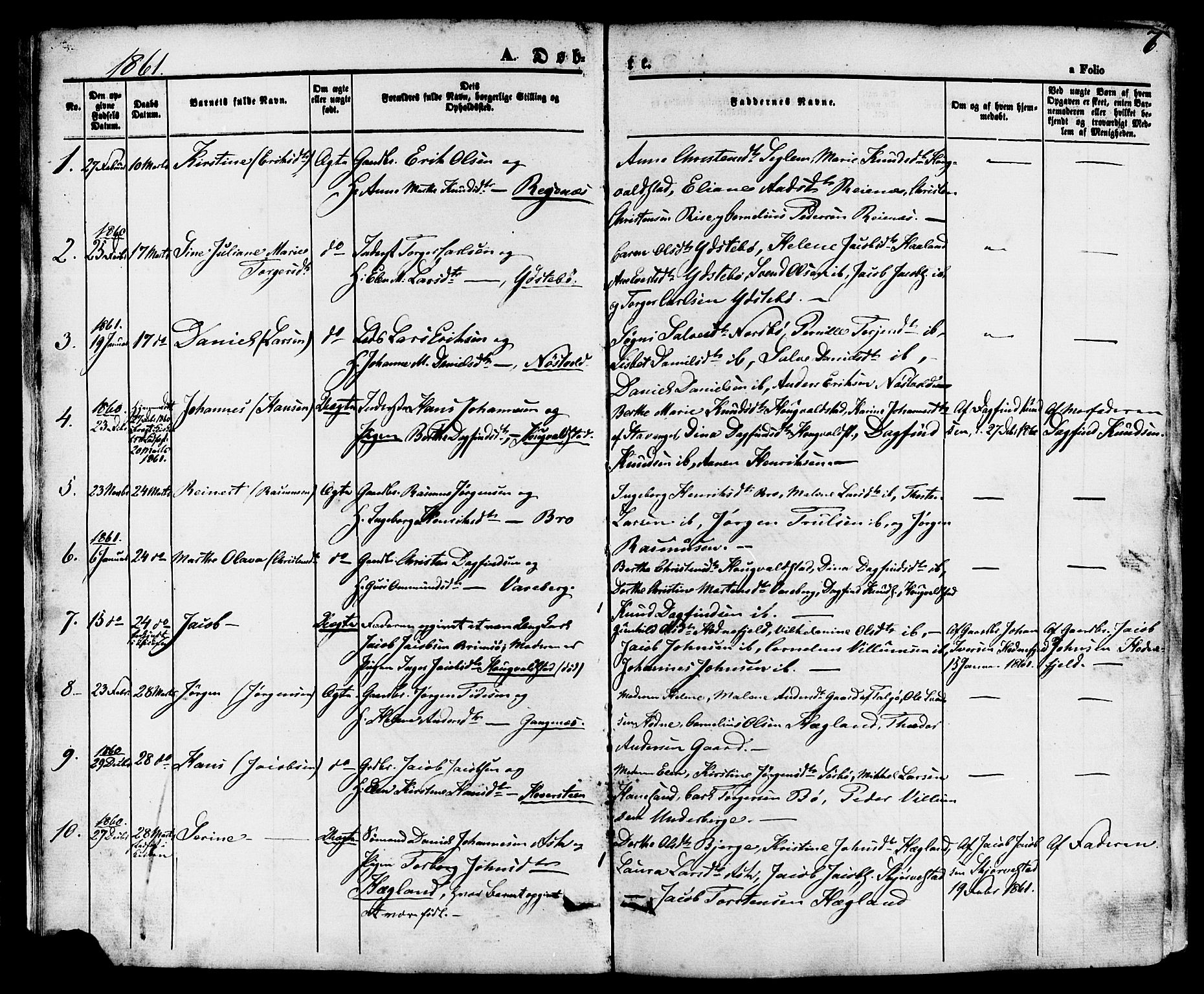Rennesøy sokneprestkontor, SAST/A -101827/H/Ha/Haa/L0006: Parish register (official) no. A 6, 1860-1878, p. 7