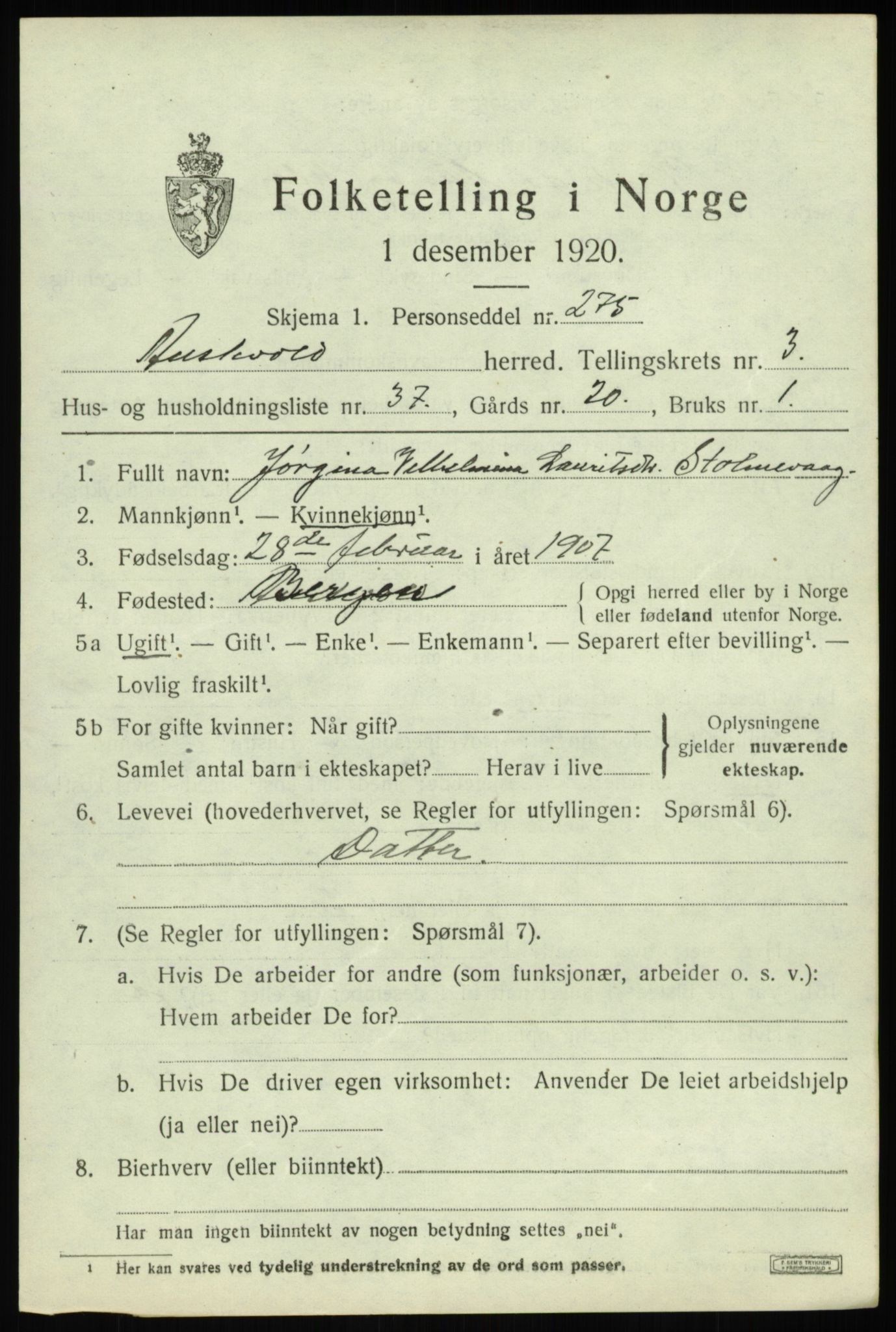 SAB, 1920 census for Austevoll, 1920, p. 2642