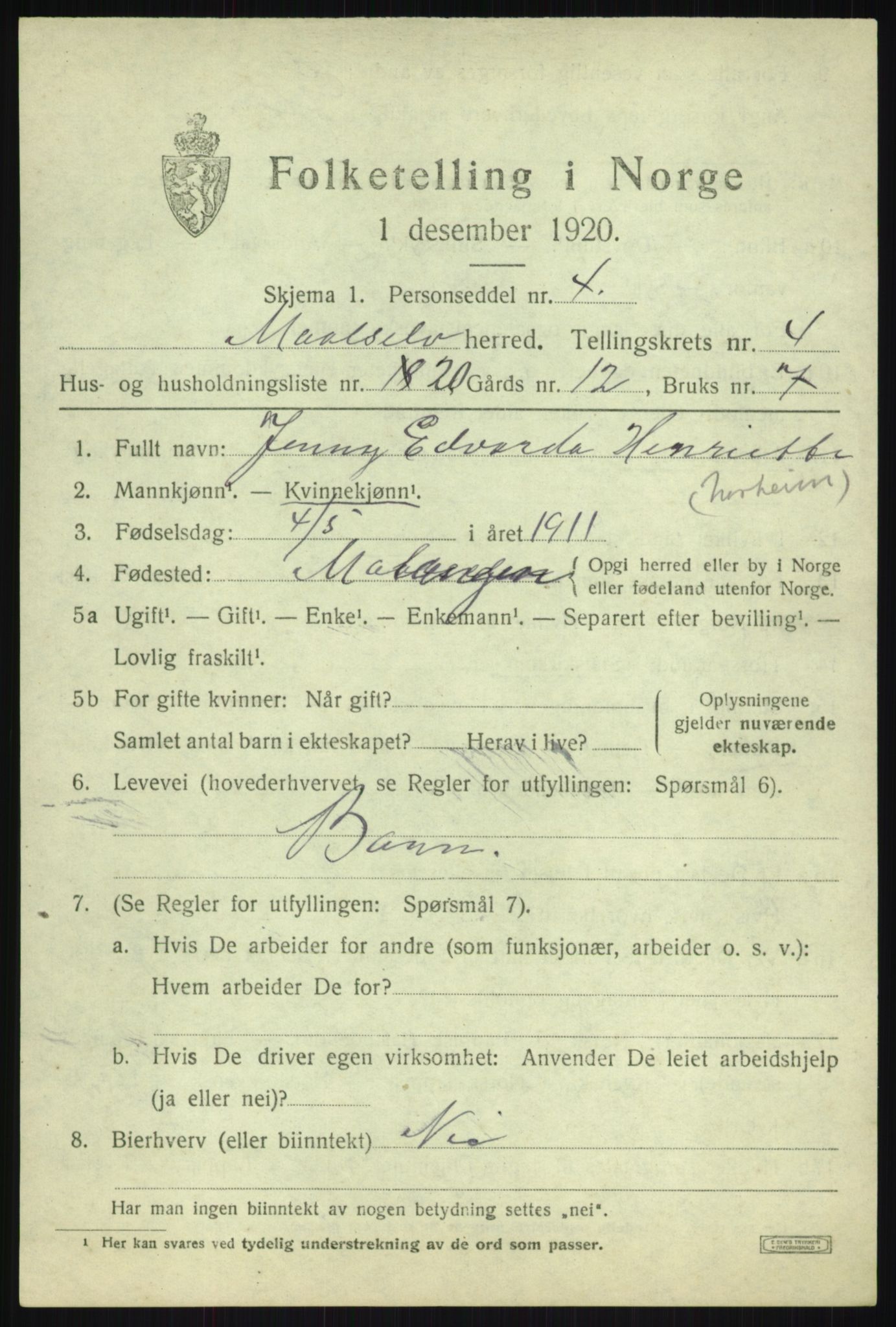 SATØ, 1920 census for Målselv, 1920, p. 3049