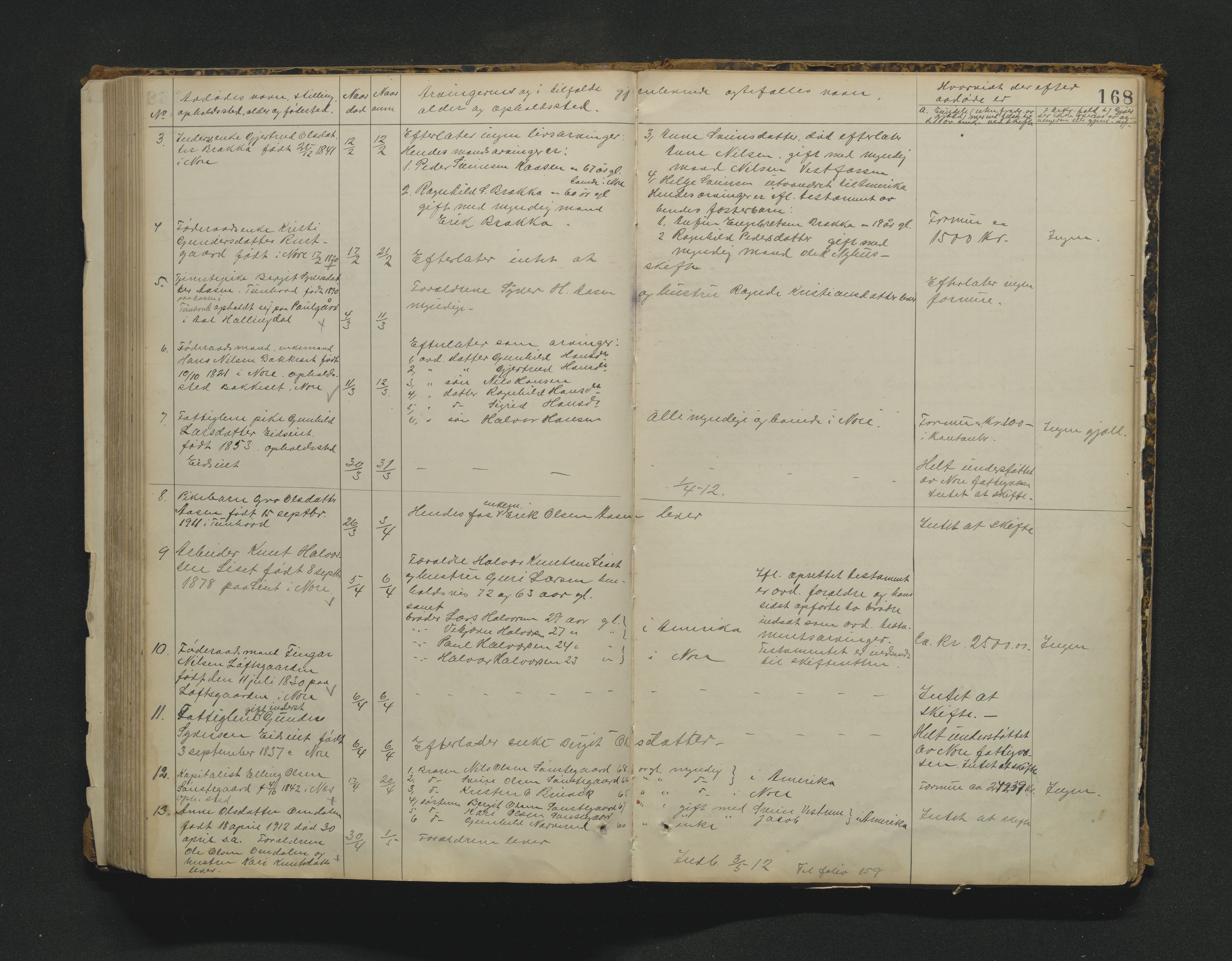 Nore lensmannskontor, SAKO/A-520/H/Ha/L0001a: Registrerings- og dødsanmeldelsesprotokoll, 1882-1913, p. 168