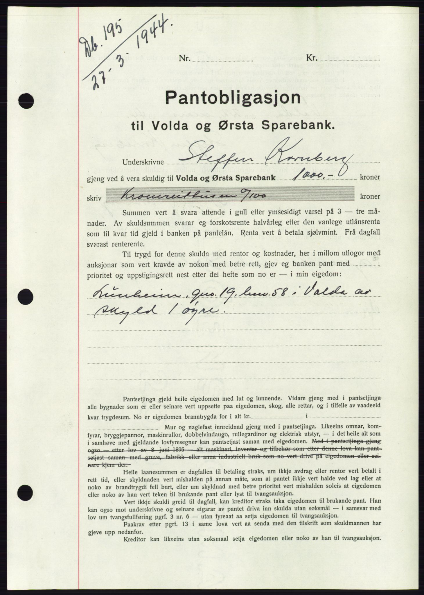 Søre Sunnmøre sorenskriveri, AV/SAT-A-4122/1/2/2C/L0114: Mortgage book no. 1-2B, 1943-1947, Diary no: : 195/1944