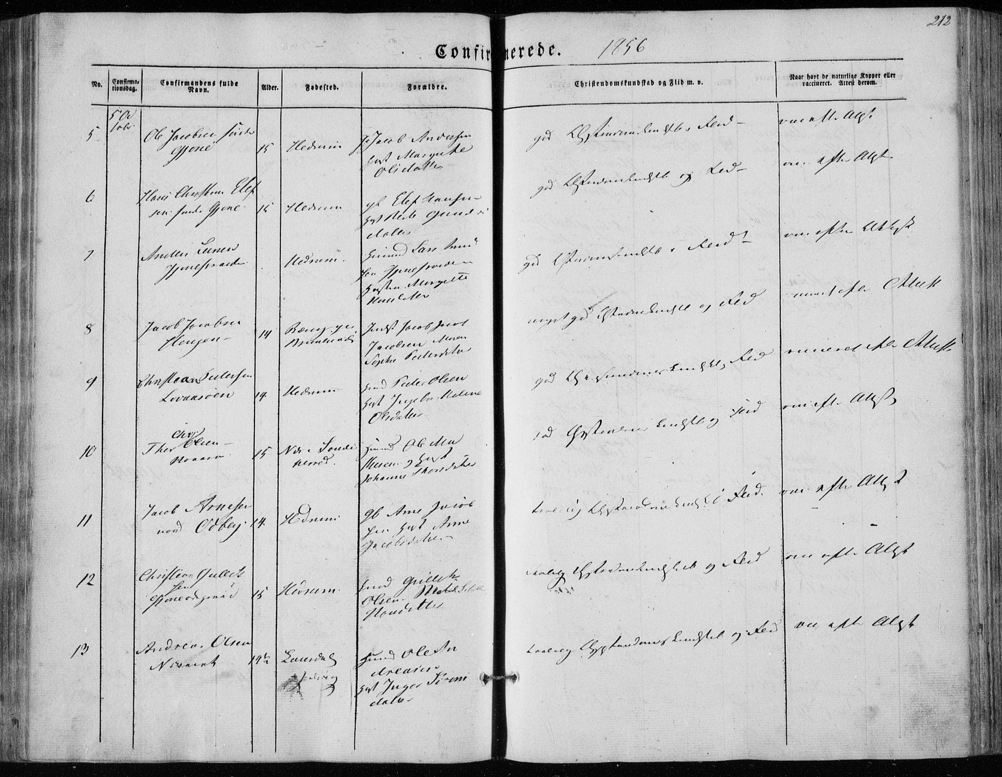 Hedrum kirkebøker, AV/SAKO-A-344/F/Fa/L0006: Parish register (official) no. I 6, 1849-1857, p. 212