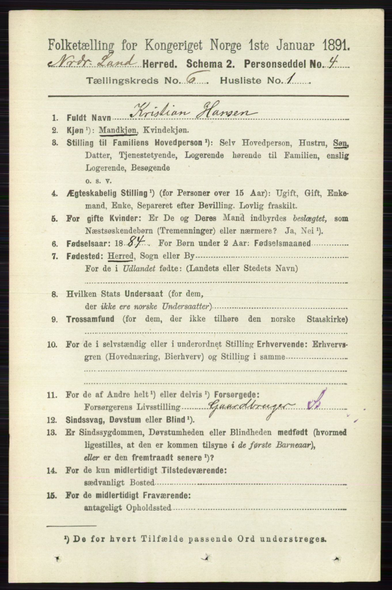 RA, 1891 census for 0538 Nordre Land, 1891, p. 1784