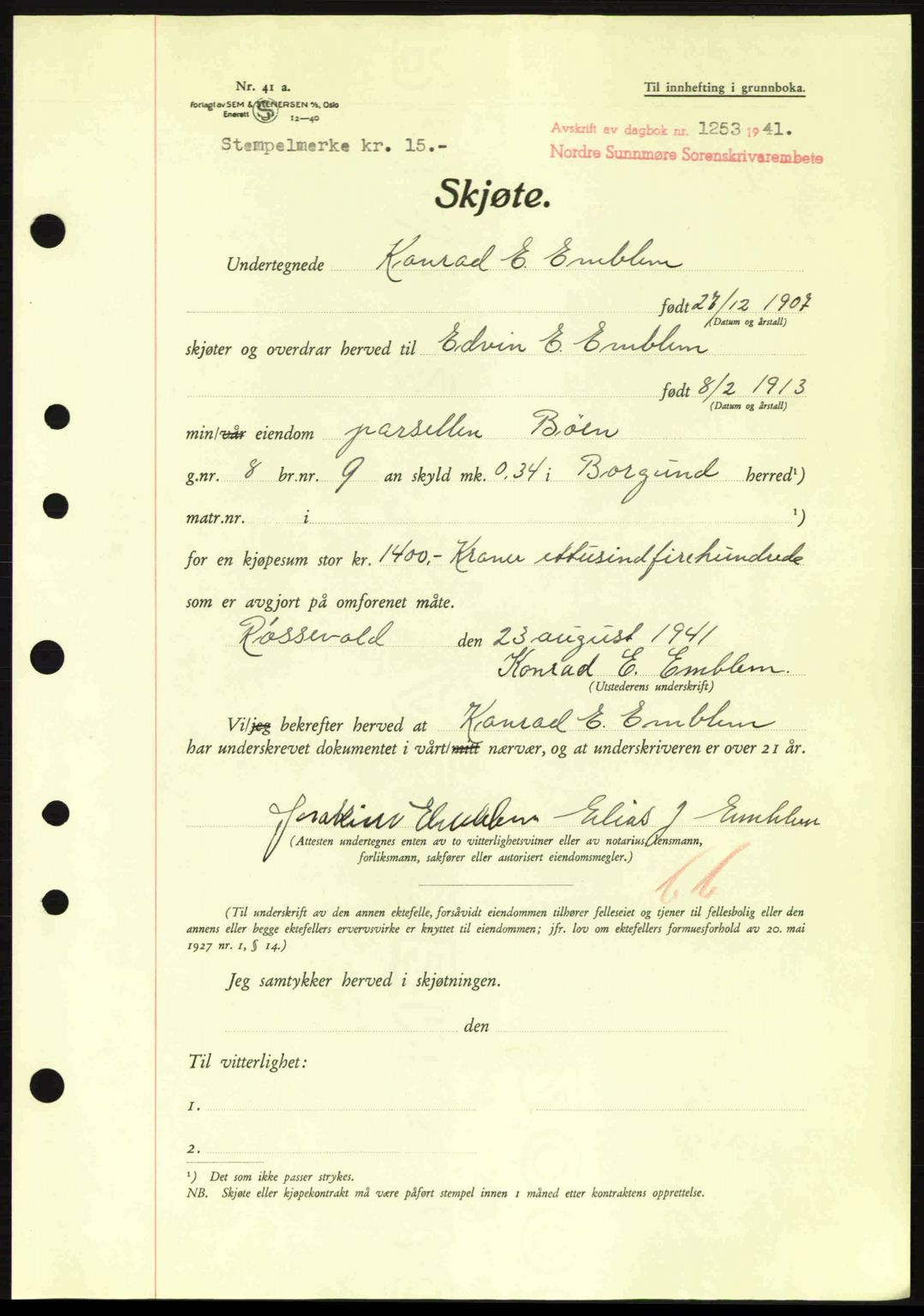 Nordre Sunnmøre sorenskriveri, AV/SAT-A-0006/1/2/2C/2Ca: Mortgage book no. A11, 1941-1941, Diary no: : 1253/1941