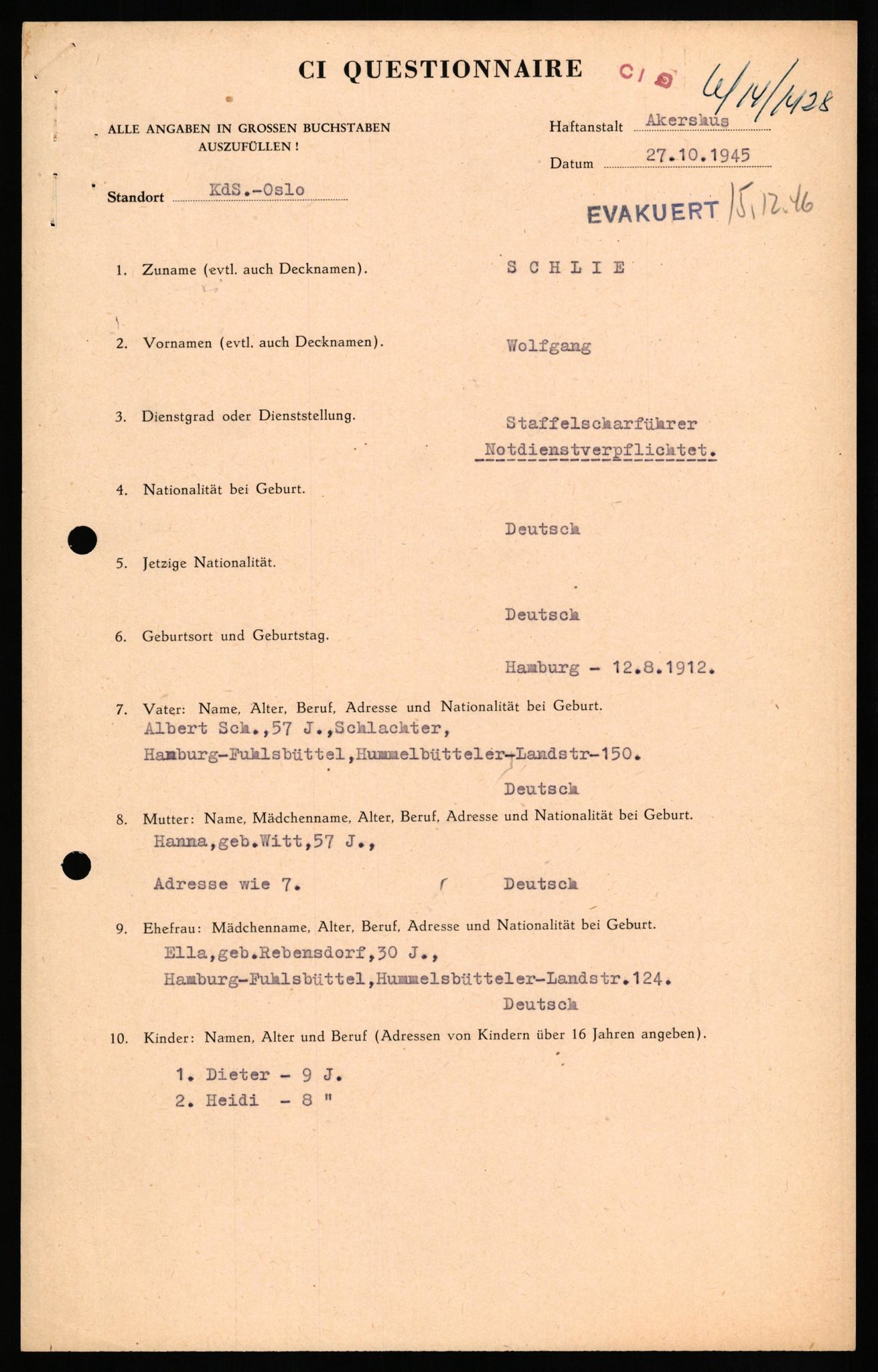 Forsvaret, Forsvarets overkommando II, RA/RAFA-3915/D/Db/L0029: CI Questionaires. Tyske okkupasjonsstyrker i Norge. Tyskere., 1945-1946, p. 256