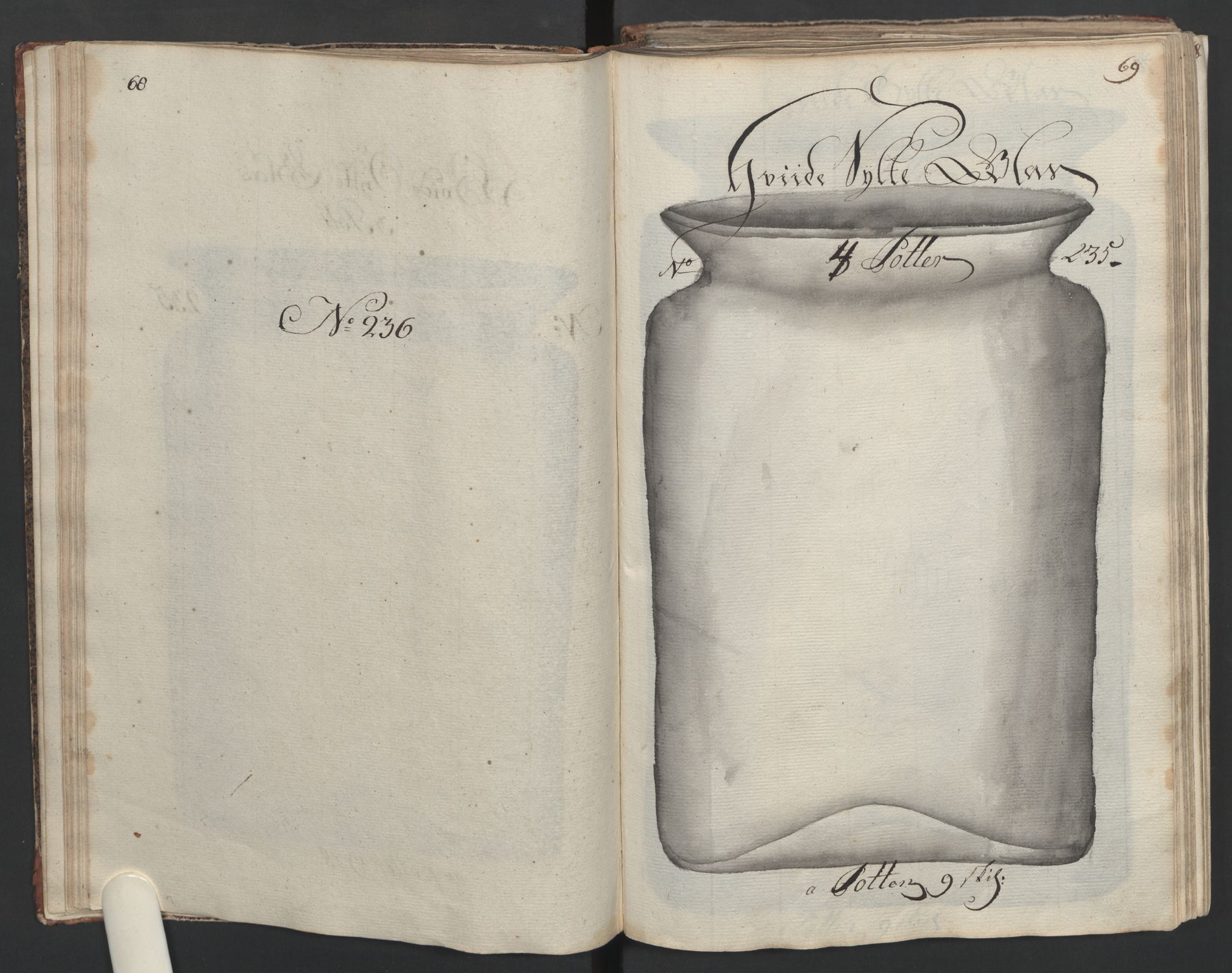 Glassverk, samlinger, AV/RA-PA-0001/F/Fa/L0036: Modellbok for Nøstetangens og Aas' produkter med prisangivelse,, 1763, p. 68-69