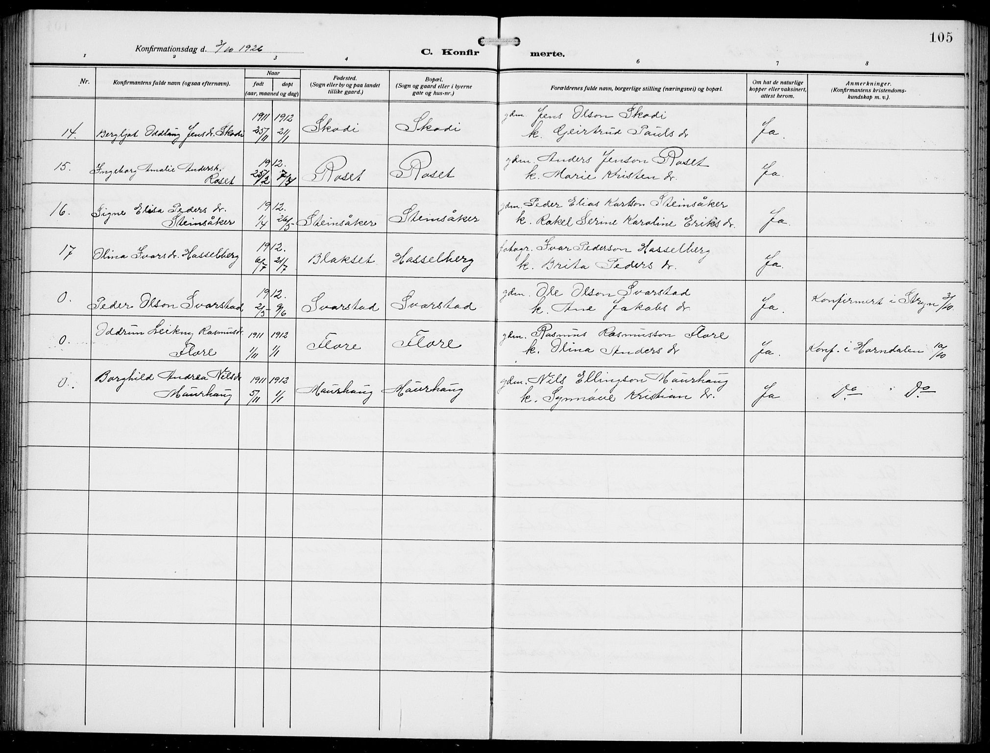 Innvik sokneprestembete, AV/SAB-A-80501: Parish register (copy) no. A 4, 1913-1936, p. 105