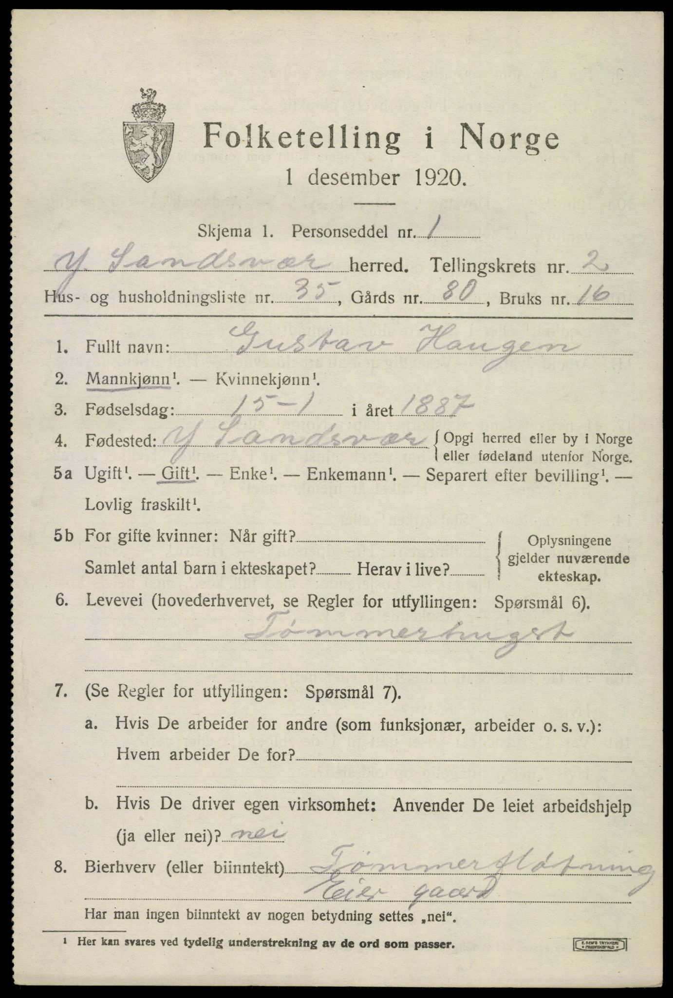 SAKO, 1920 census for Ytre Sandsvær, 1920, p. 3016