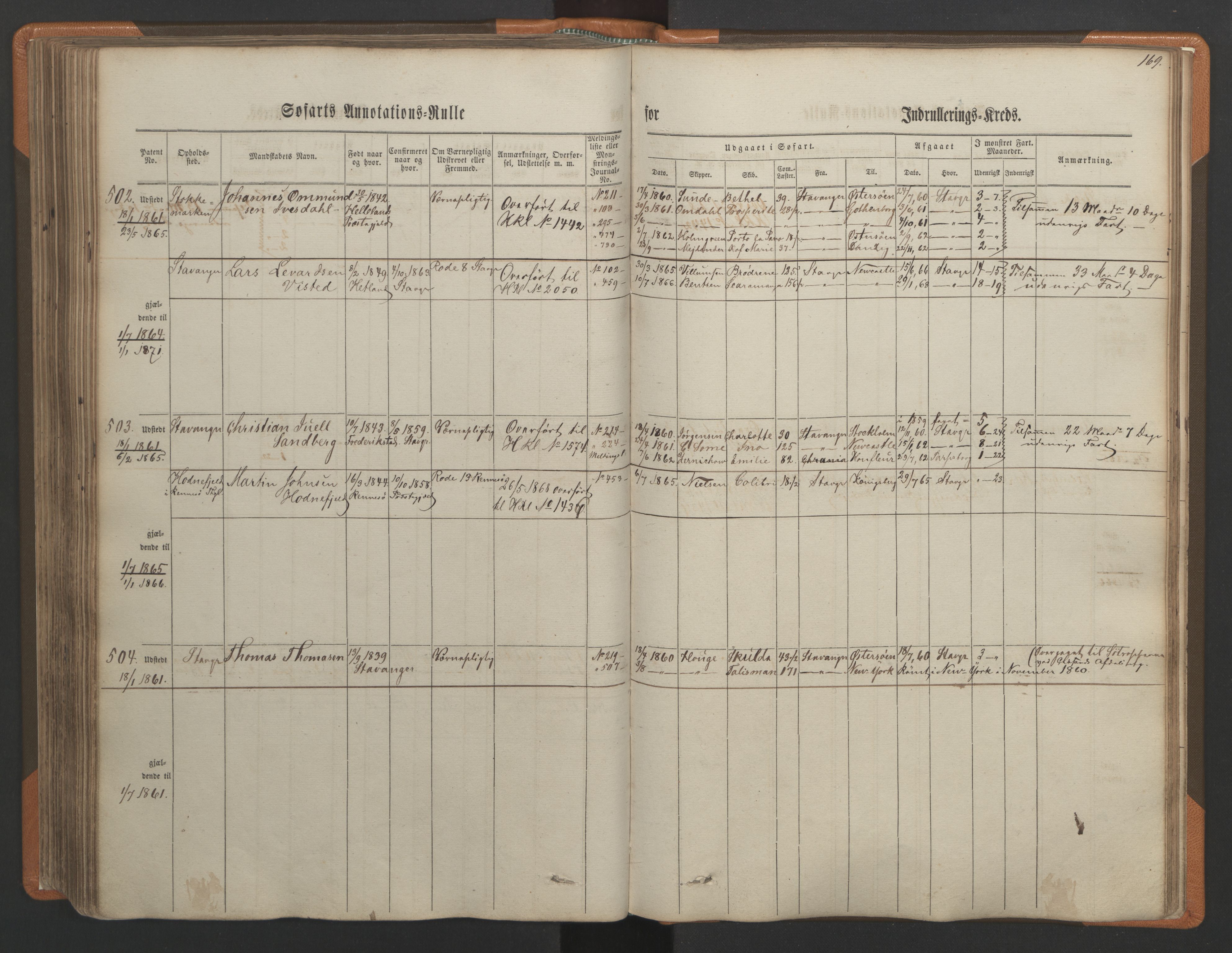 Stavanger sjømannskontor, AV/SAST-A-102006/F/Ff/L0001: Annotasjonsrulle, patentnr. 1-597 (del 1), 1860-1864, p. 179