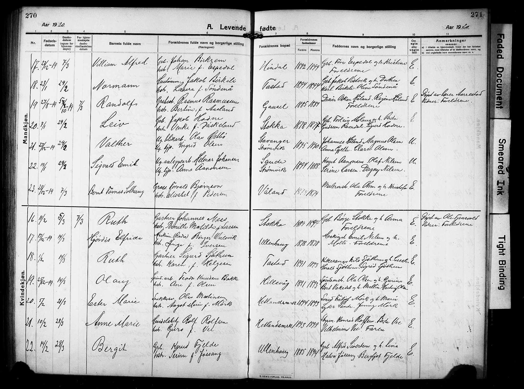 Hetland sokneprestkontor, SAST/A-101826/30/30BB/L0008: Parish register (copy) no. B 8, 1910-1921, p. 270-271