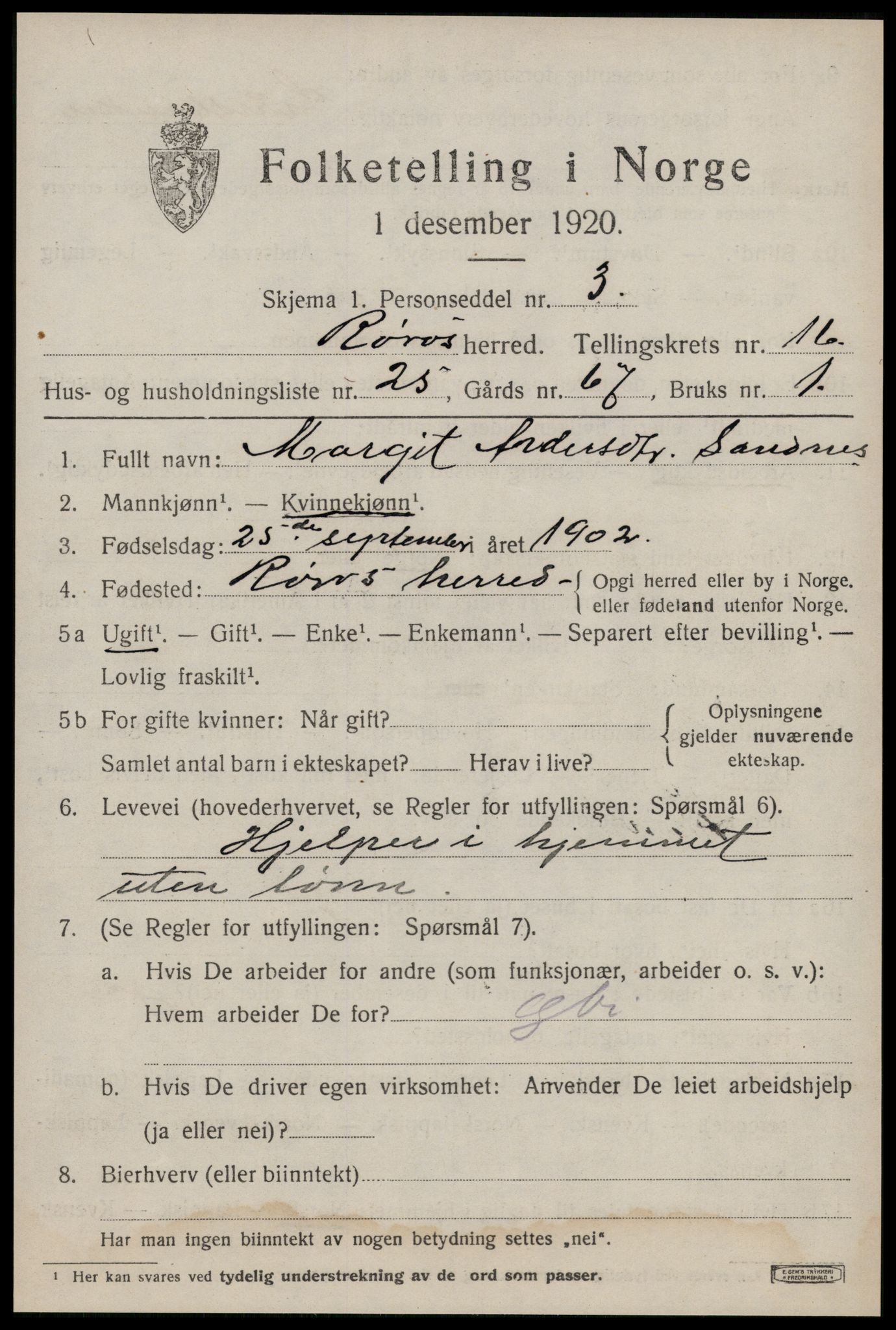 SAT, 1920 census for Røros, 1920, p. 11302