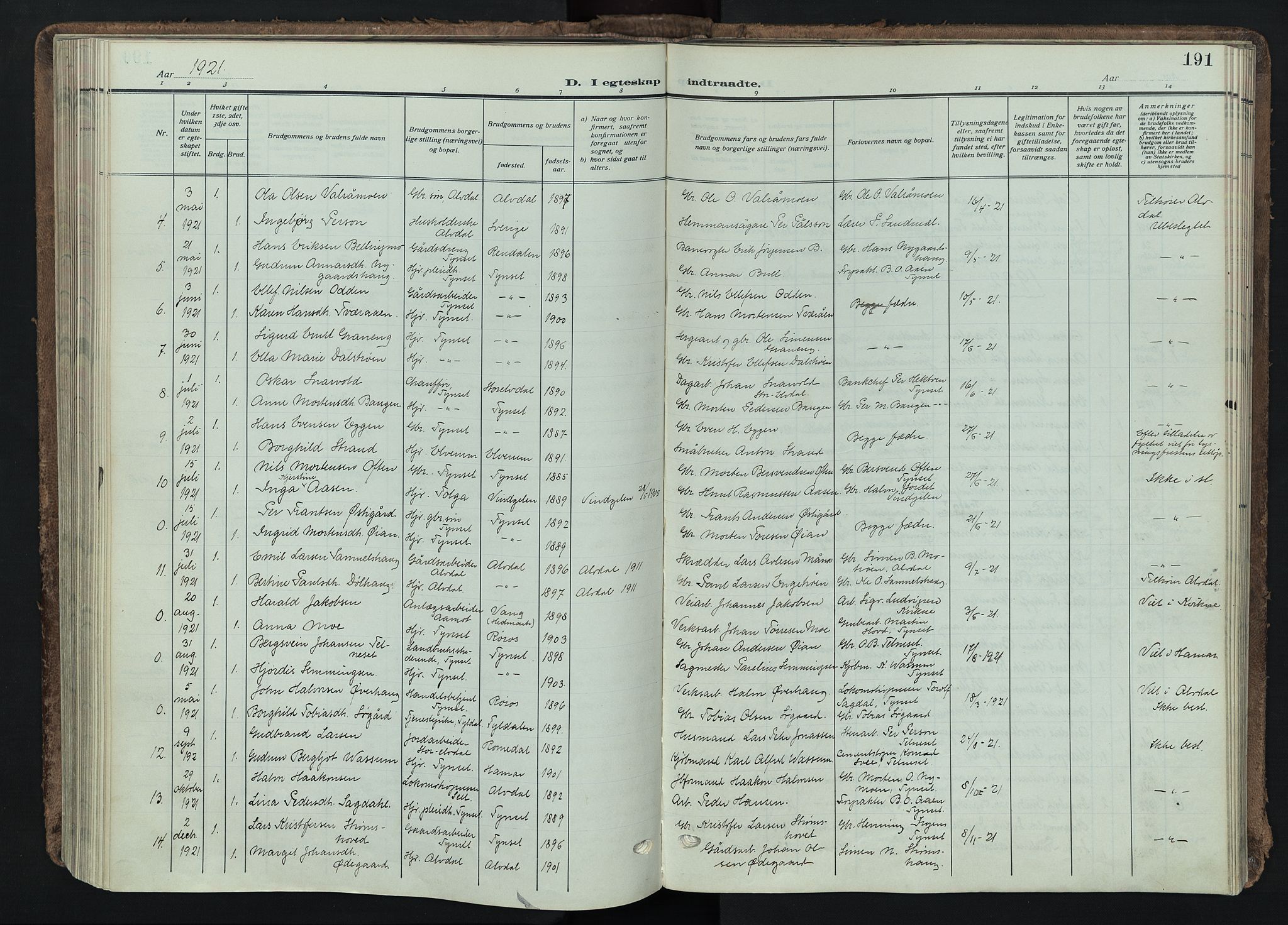 Tynset prestekontor, SAH/PREST-058/H/Ha/Haa/L0026: Parish register (official) no. 26, 1915-1929, p. 191