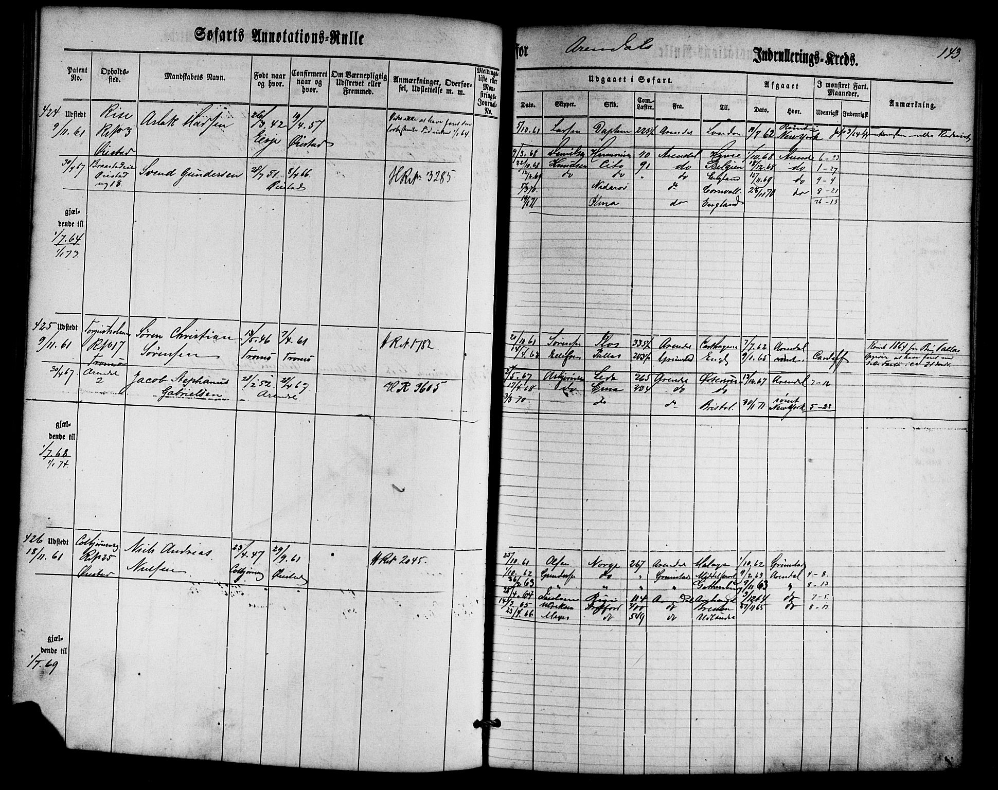 Arendal mønstringskrets, SAK/2031-0012/F/Fa/L0001: Annotasjonsrulle nr 1-794 med register, E-1, 1860-1865, p. 177