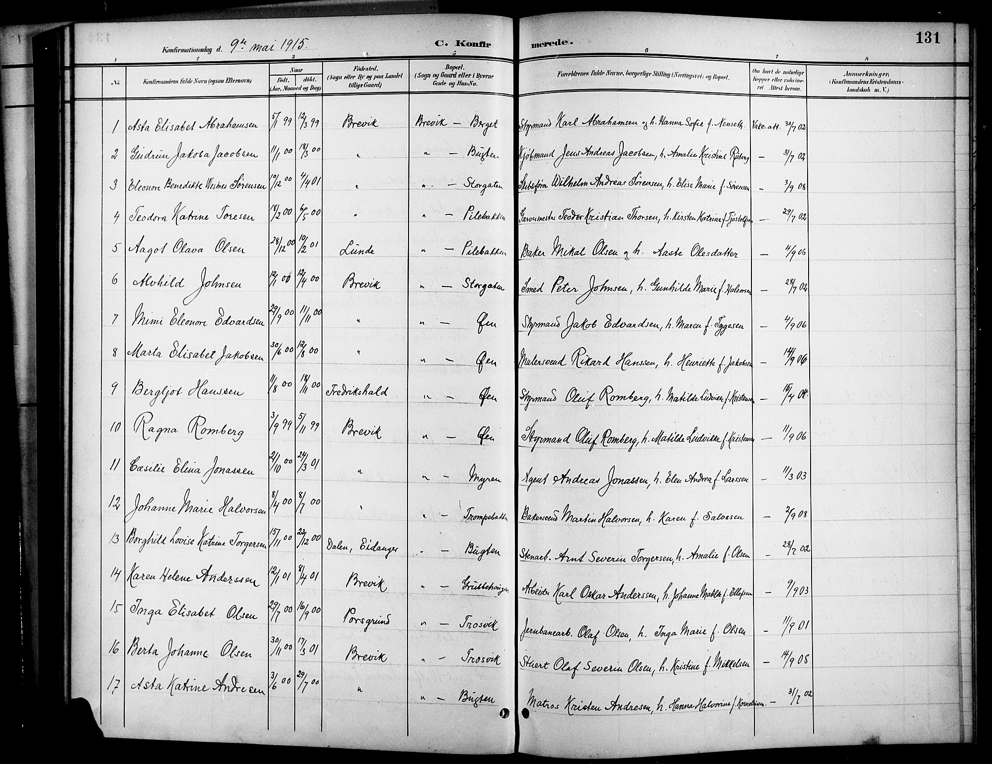 Brevik kirkebøker, AV/SAKO-A-255/G/Ga/L0005: Parish register (copy) no. 5, 1901-1924, p. 131