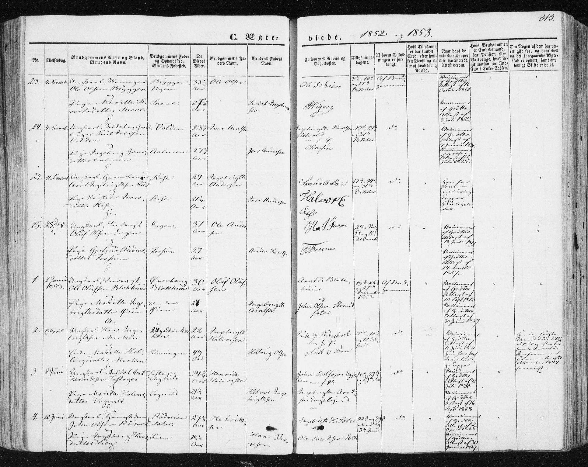 Ministerialprotokoller, klokkerbøker og fødselsregistre - Sør-Trøndelag, SAT/A-1456/678/L0899: Parish register (official) no. 678A08, 1848-1872, p. 313