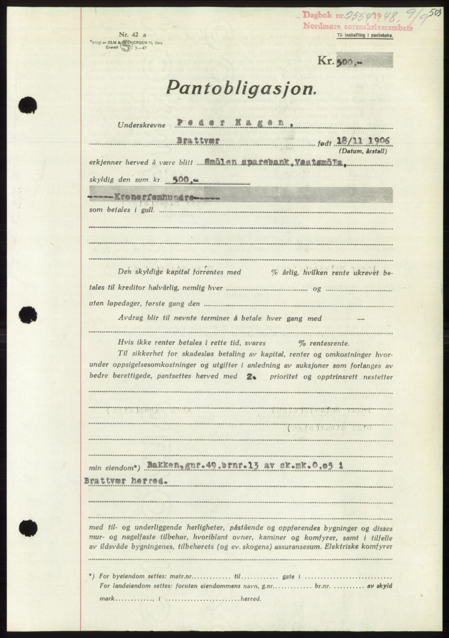 Nordmøre sorenskriveri, AV/SAT-A-4132/1/2/2Ca: Mortgage book no. B99, 1948-1948, Diary no: : 2554/1948