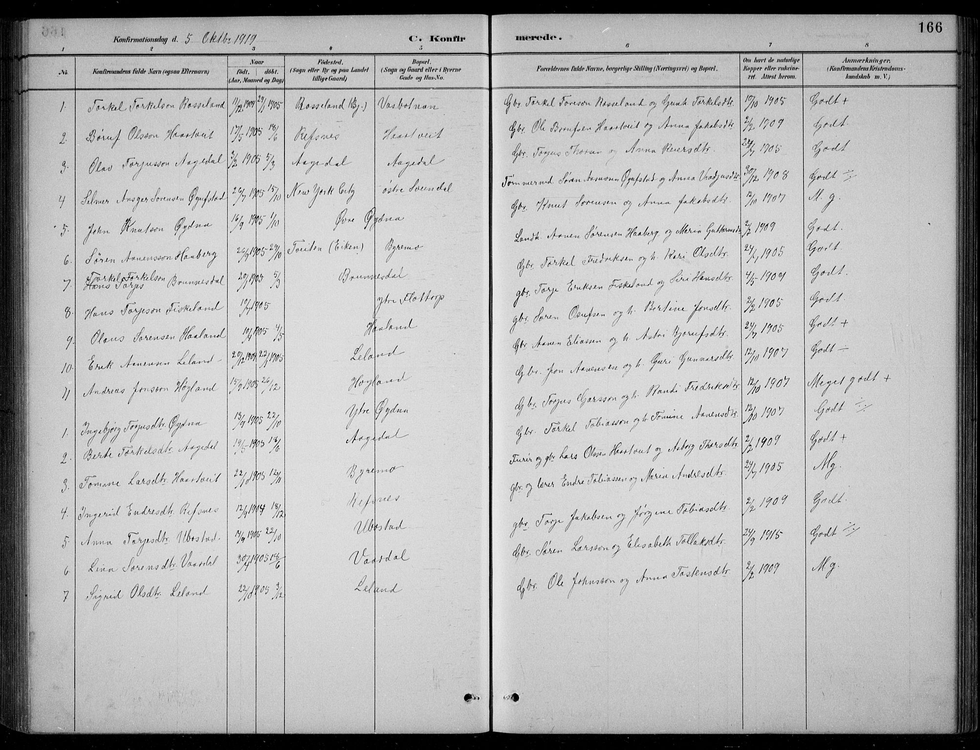 Bjelland sokneprestkontor, SAK/1111-0005/F/Fb/Fbc/L0003: Parish register (copy) no. B 3, 1887-1924, p. 166