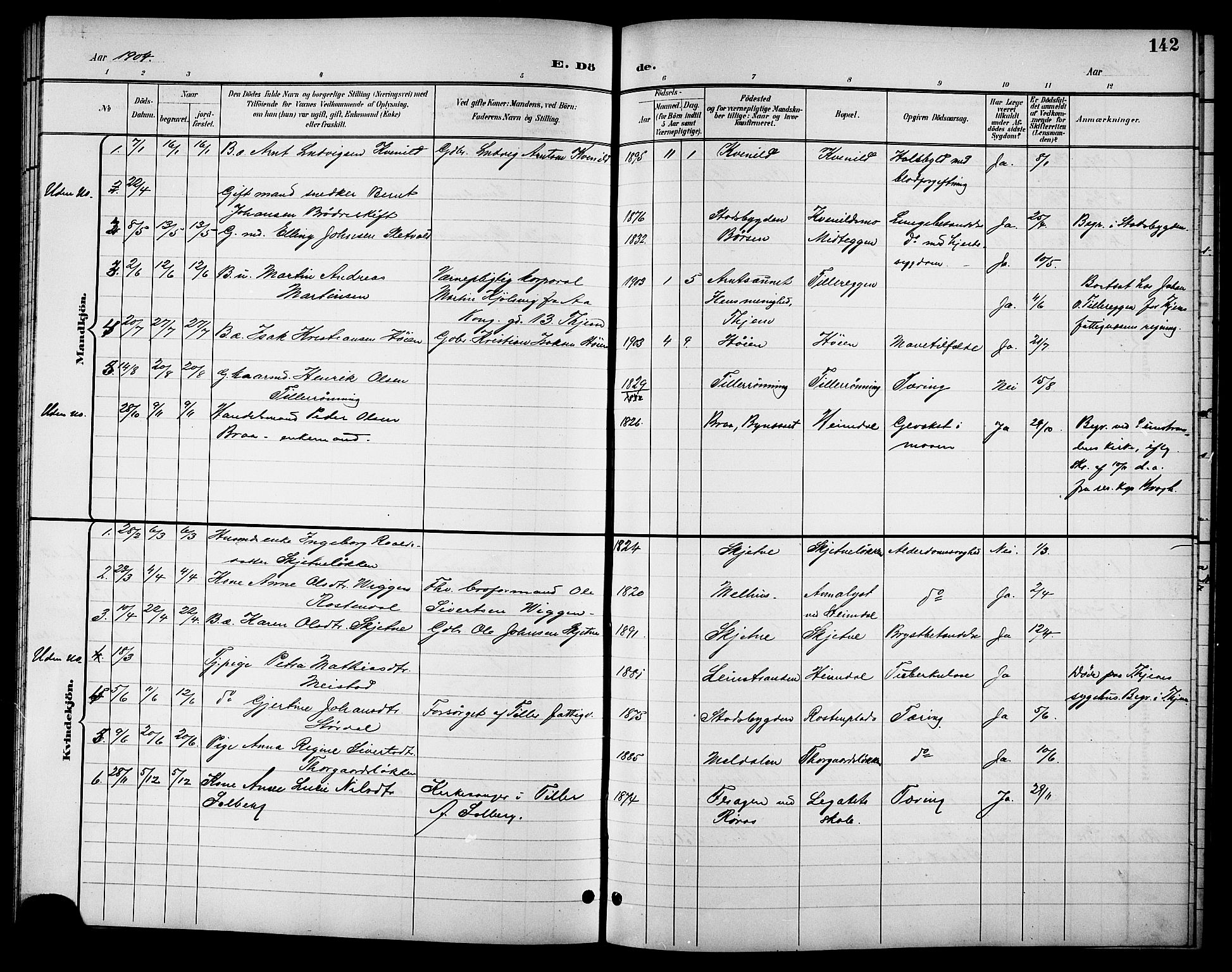 Ministerialprotokoller, klokkerbøker og fødselsregistre - Sør-Trøndelag, SAT/A-1456/621/L0460: Parish register (copy) no. 621C03, 1896-1914, p. 142