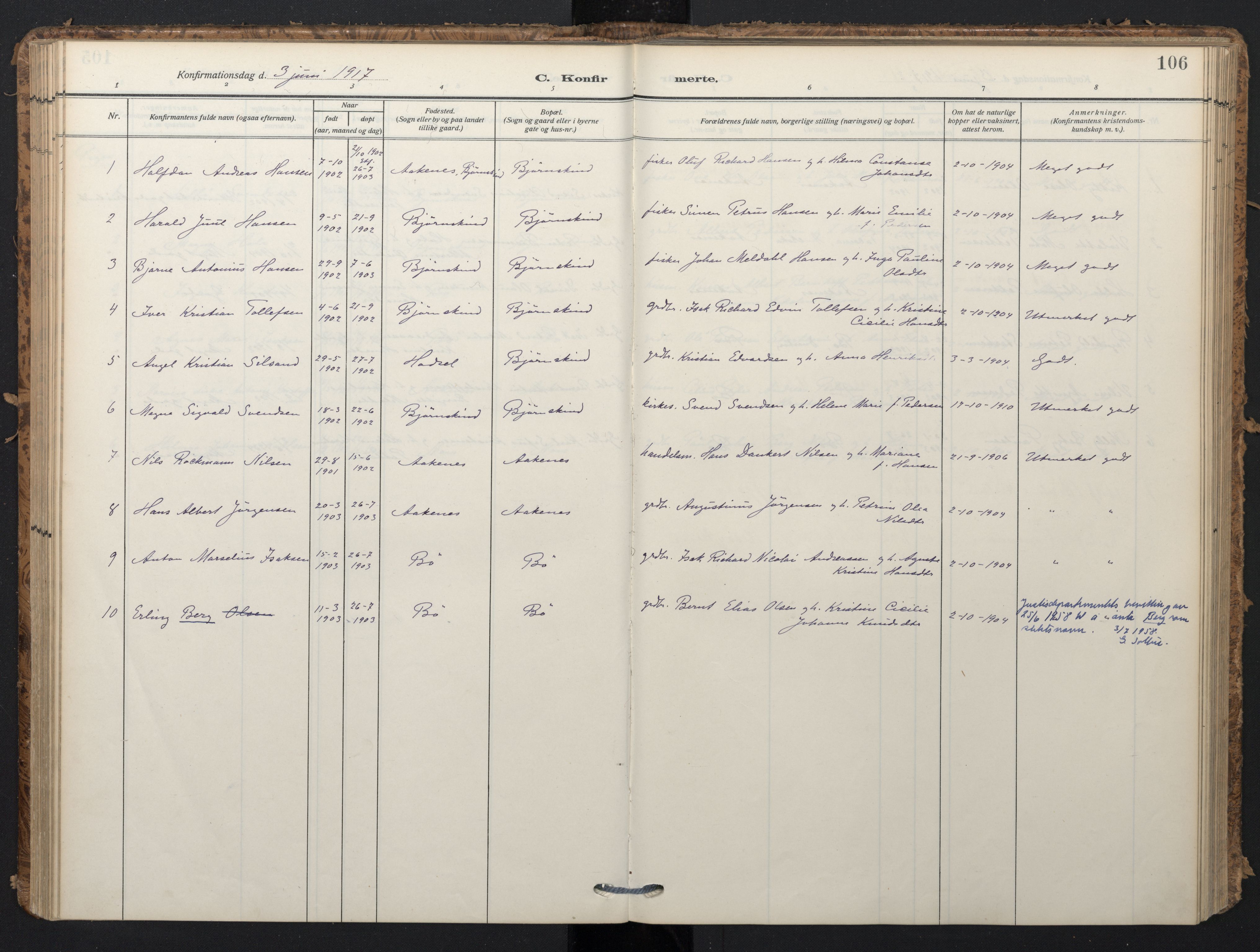 Ministerialprotokoller, klokkerbøker og fødselsregistre - Nordland, SAT/A-1459/898/L1423: Parish register (official) no. 898A03, 1909-1928, p. 106