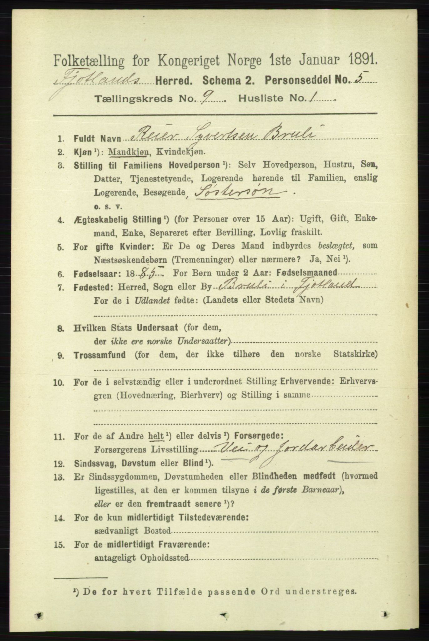 RA, 1891 census for 1036 Fjotland, 1891, p. 1306