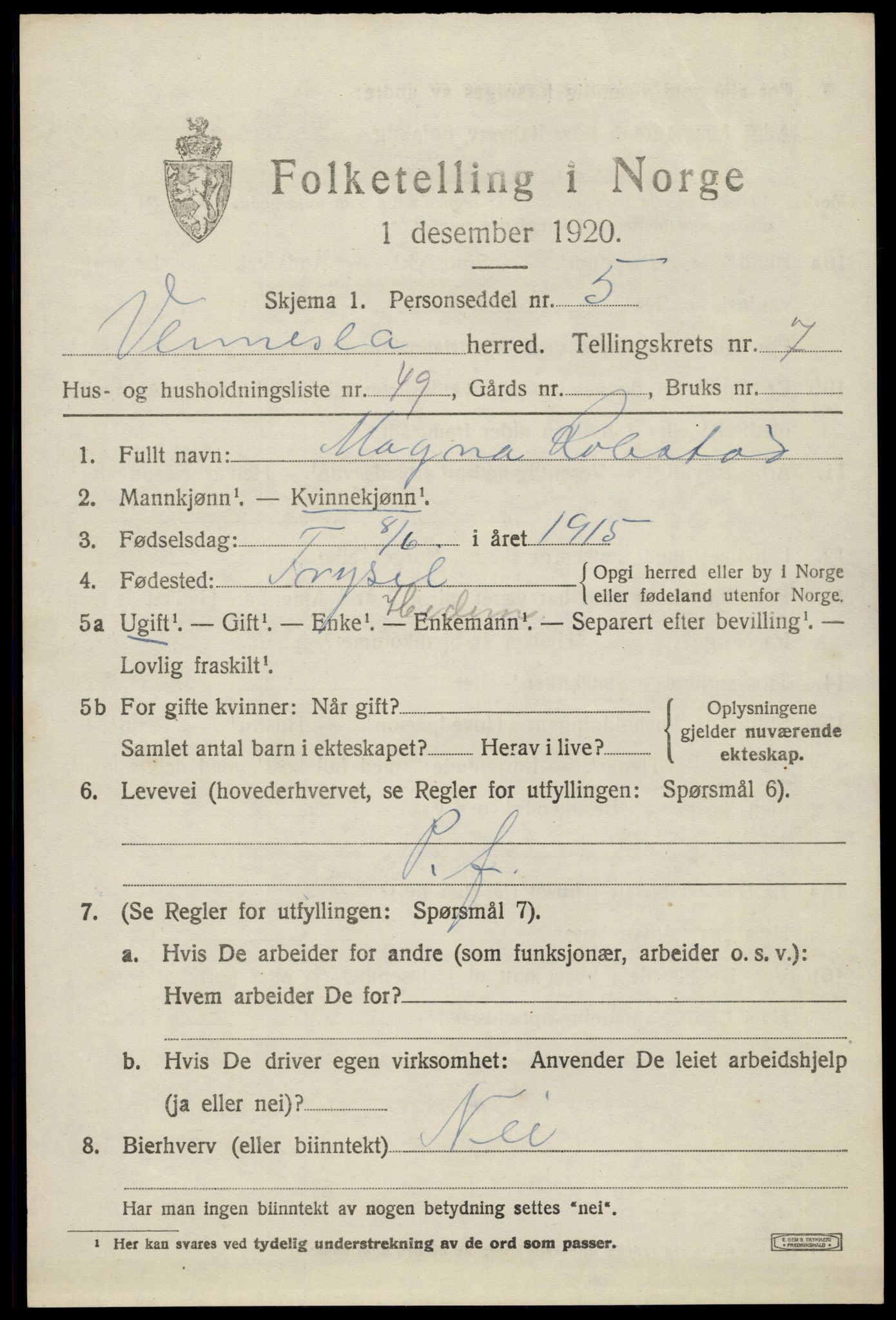 SAK, 1920 census for Vennesla, 1920, p. 5502