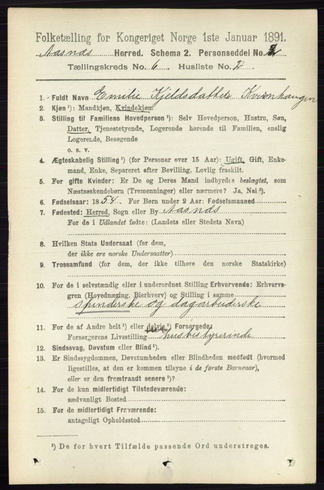 RA, 1891 census for 0425 Åsnes, 1891, p. 2801