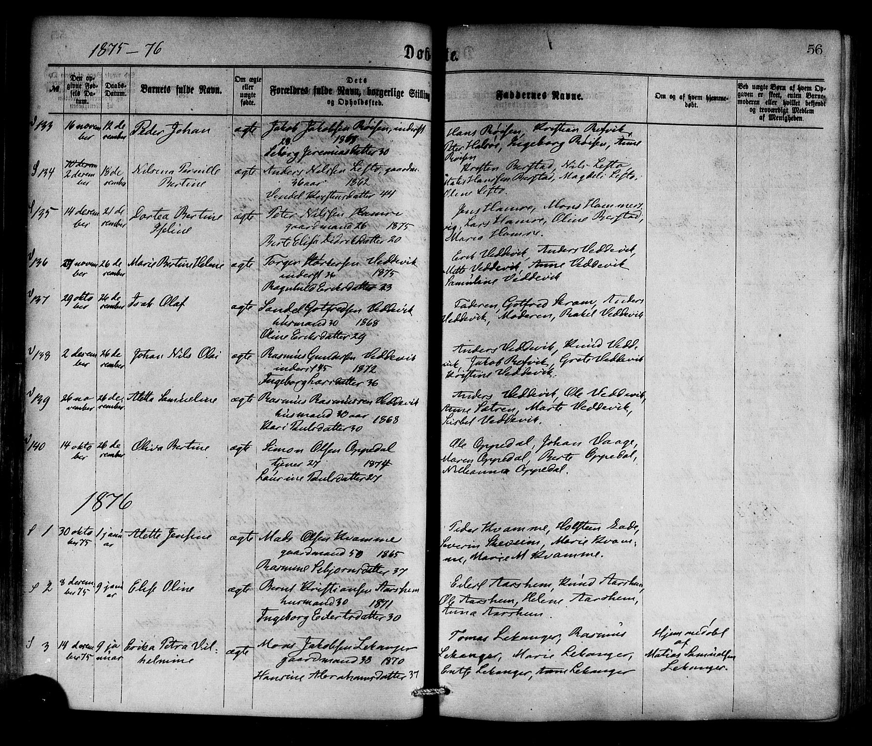 Selje sokneprestembete, SAB/A-99938/H/Ha/Haa/Haaa: Parish register (official) no. A 12, 1870-1880, p. 56