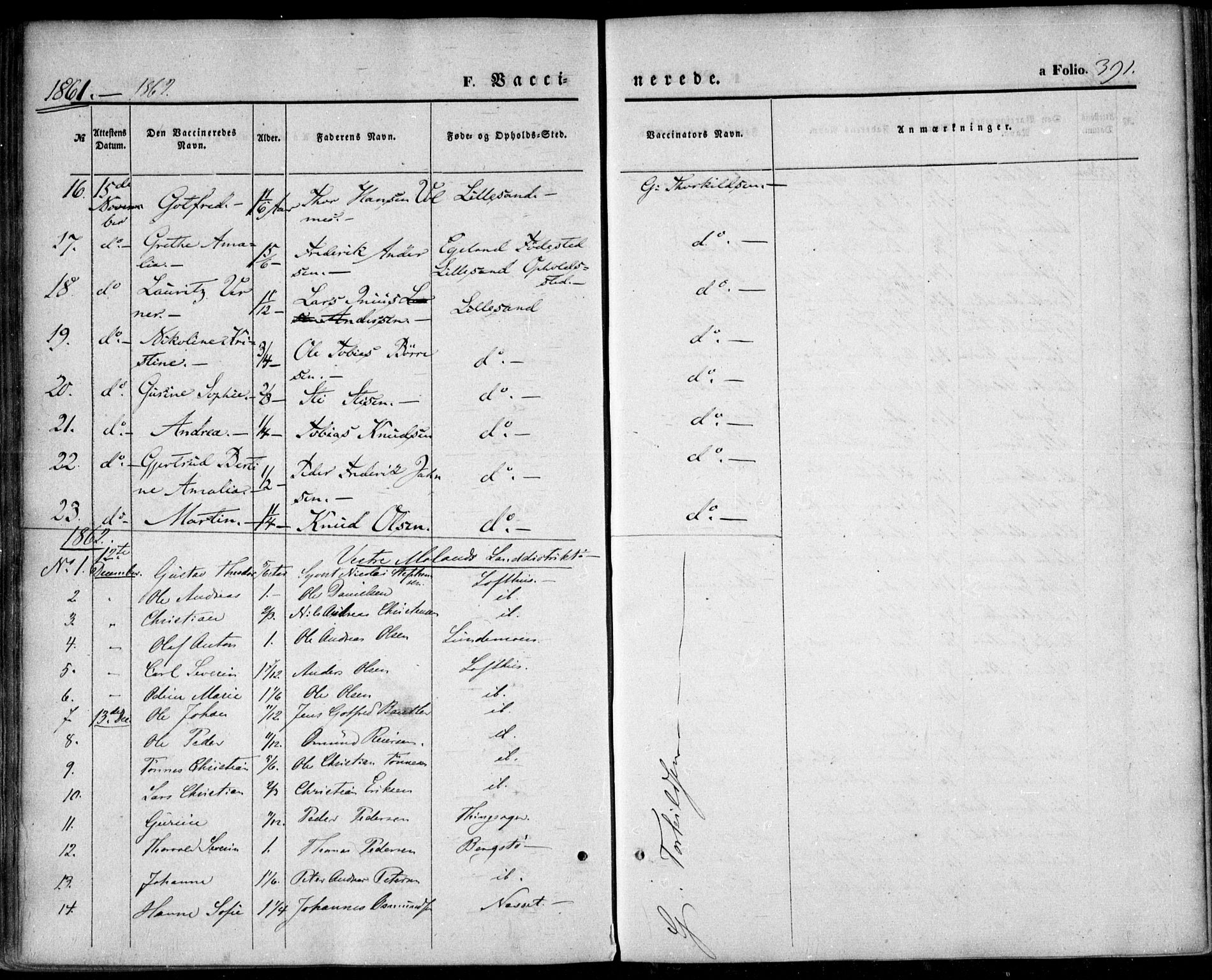 Vestre Moland sokneprestkontor, SAK/1111-0046/F/Fa/Fab/L0007: Parish register (official) no. A 7, 1859-1872, p. 391