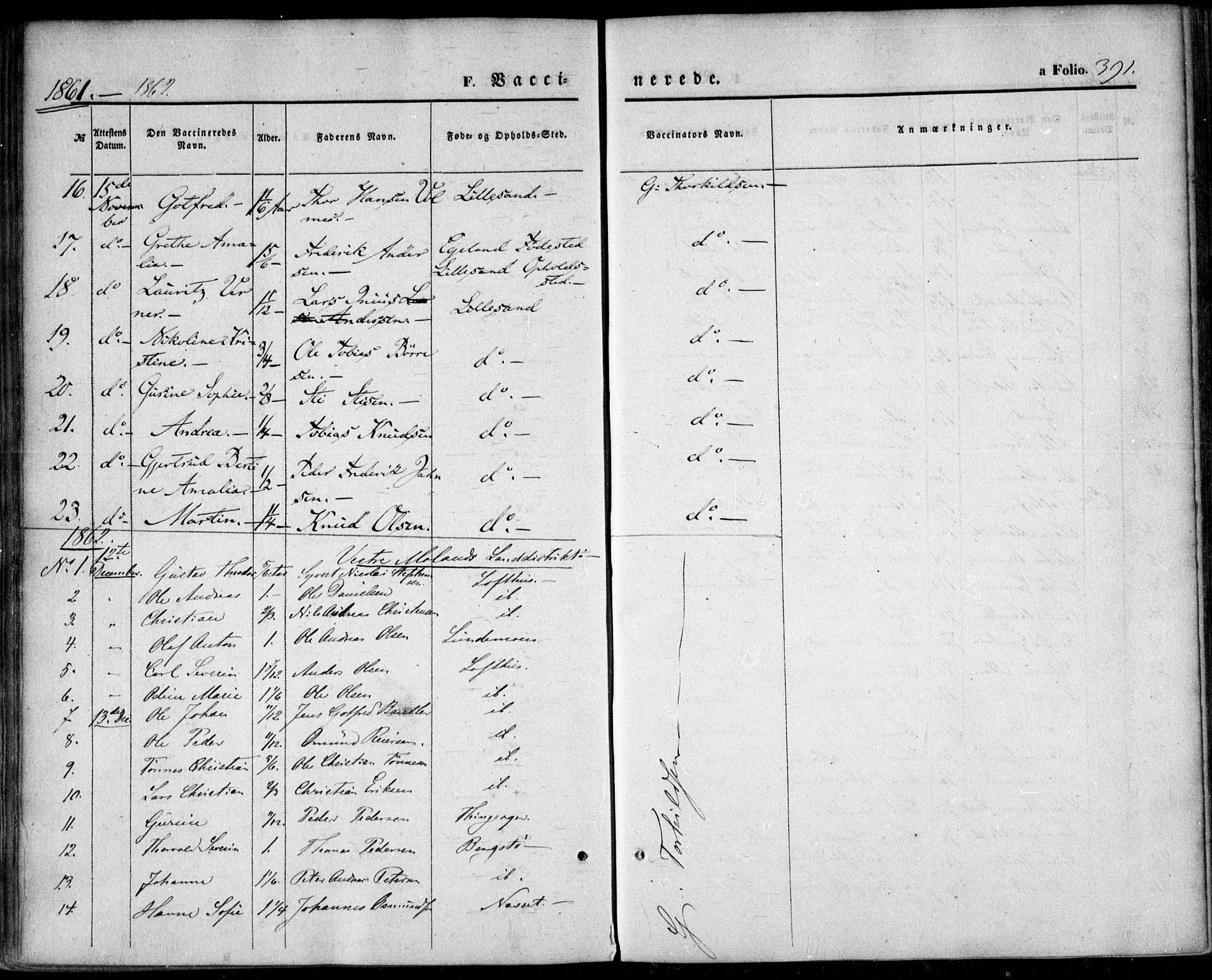 Vestre Moland sokneprestkontor, AV/SAK-1111-0046/F/Fa/Fab/L0007: Parish register (official) no. A 7, 1859-1872, p. 391