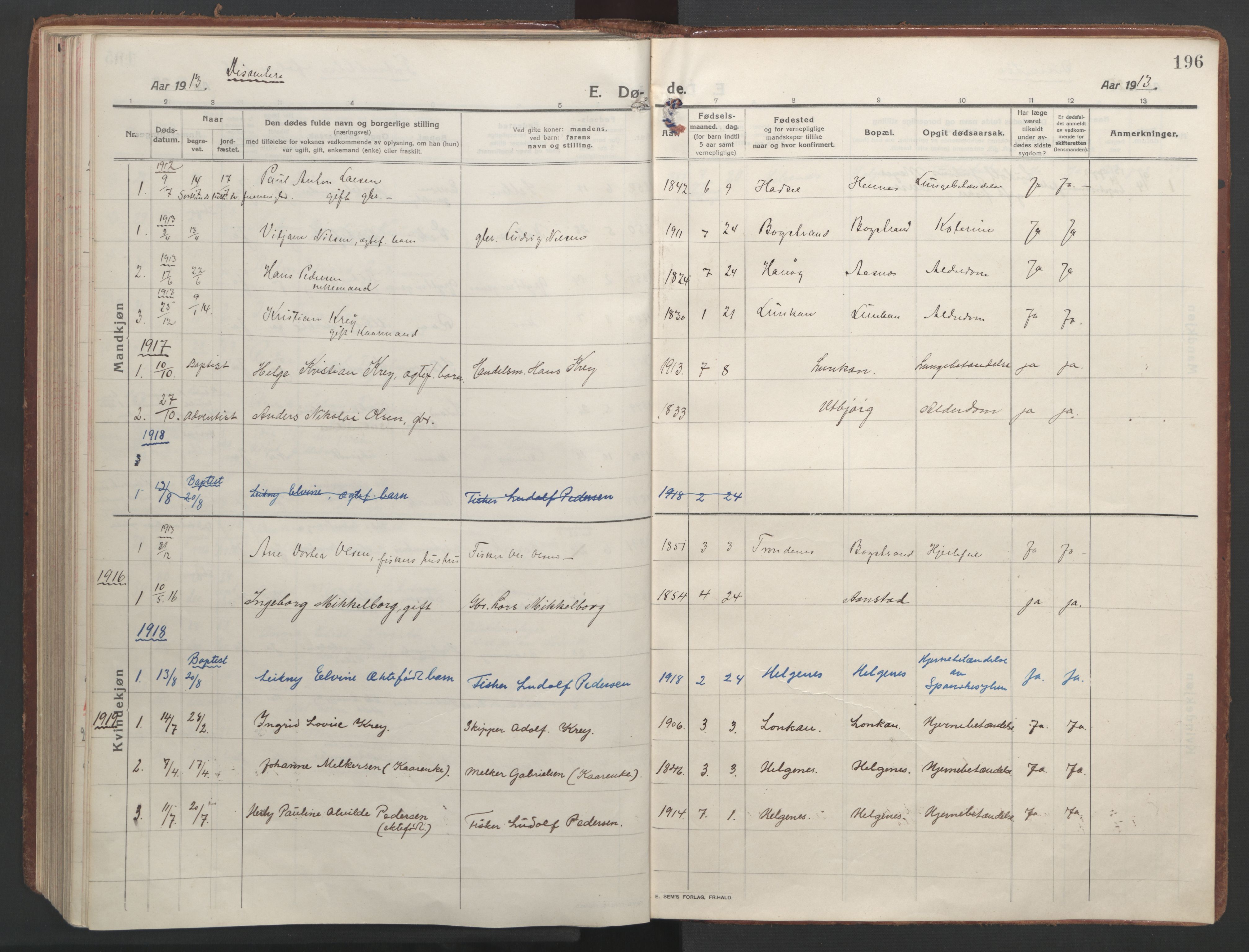 Ministerialprotokoller, klokkerbøker og fødselsregistre - Nordland, SAT/A-1459/888/L1251: Parish register (official) no. 888A17, 1913-1925, p. 196