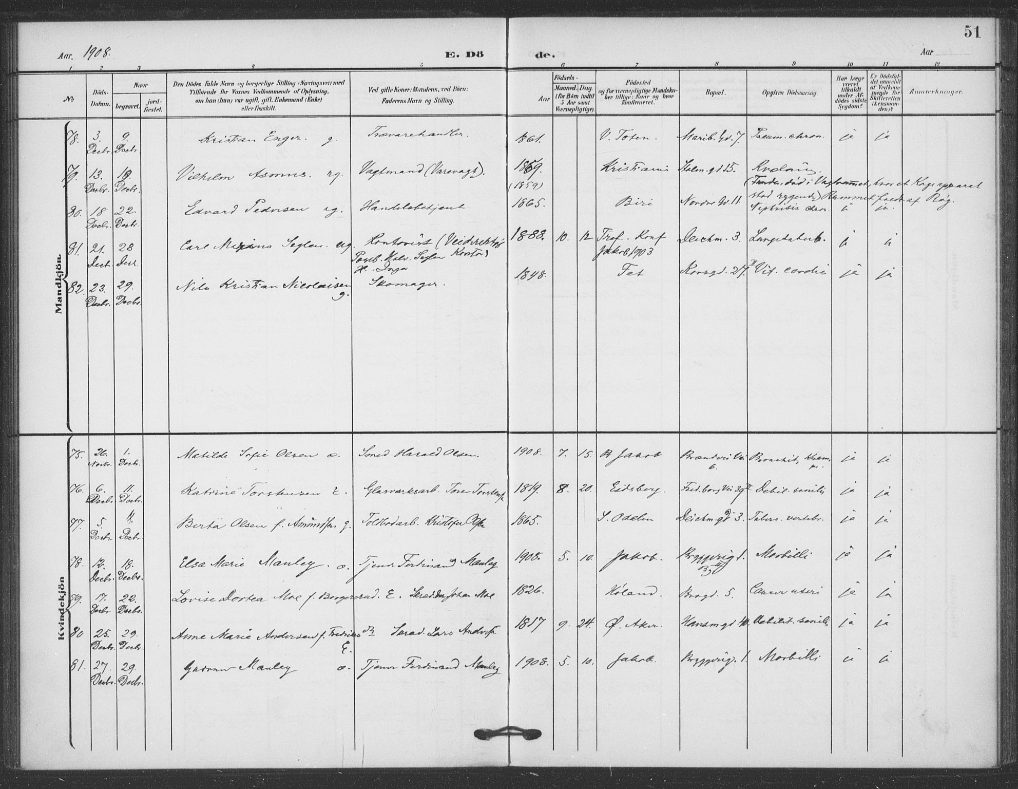 Jakob prestekontor Kirkebøker, SAO/A-10850/F/Fa/L0011: Parish register (official) no. 11, 1906-1920, p. 51