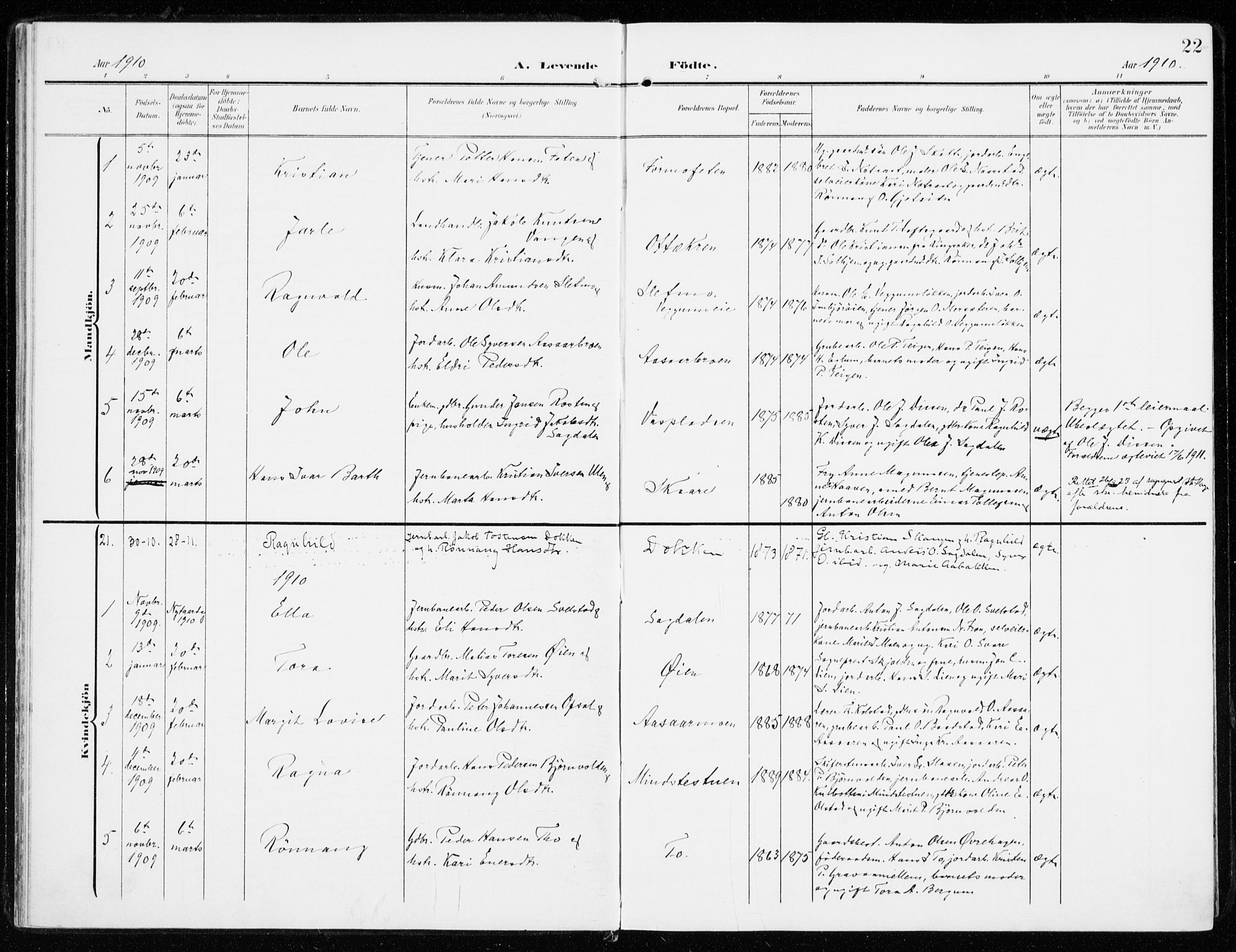 Sel prestekontor, SAH/PREST-074/H/Ha/Haa/L0002: Parish register (official) no. 2, 1905-1919, p. 22