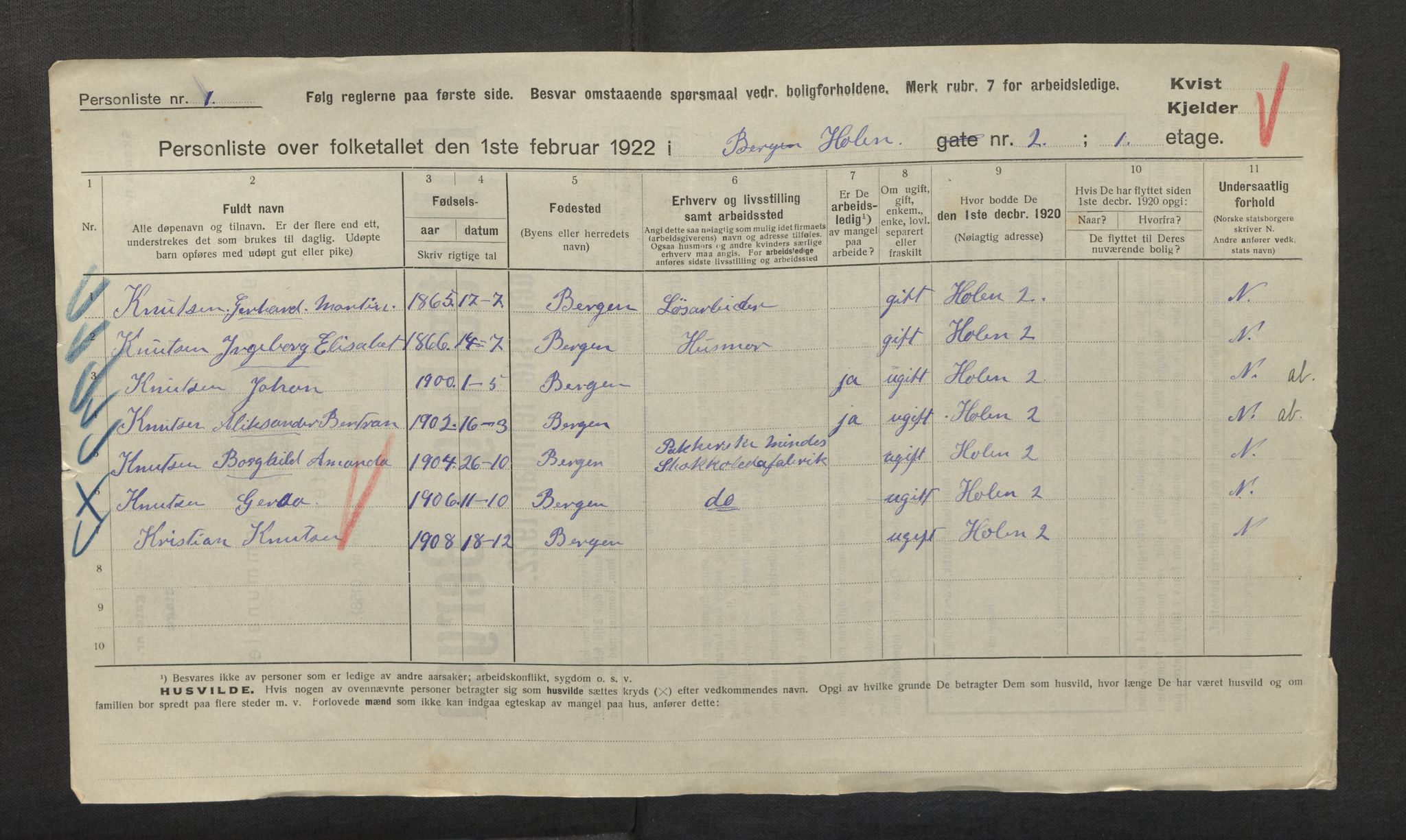 SAB, Municipal Census 1922 for Bergen, 1922, p. 15424