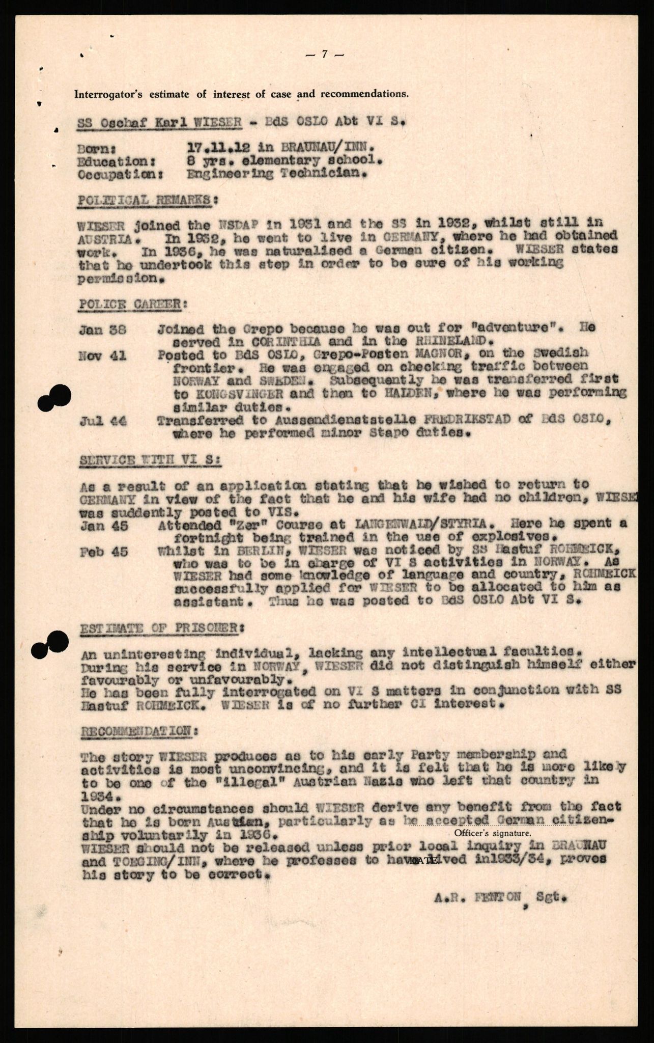 Forsvaret, Forsvarets overkommando II, AV/RA-RAFA-3915/D/Db/L0035: CI Questionaires. Tyske okkupasjonsstyrker i Norge. Tyskere., 1945-1946, p. 529