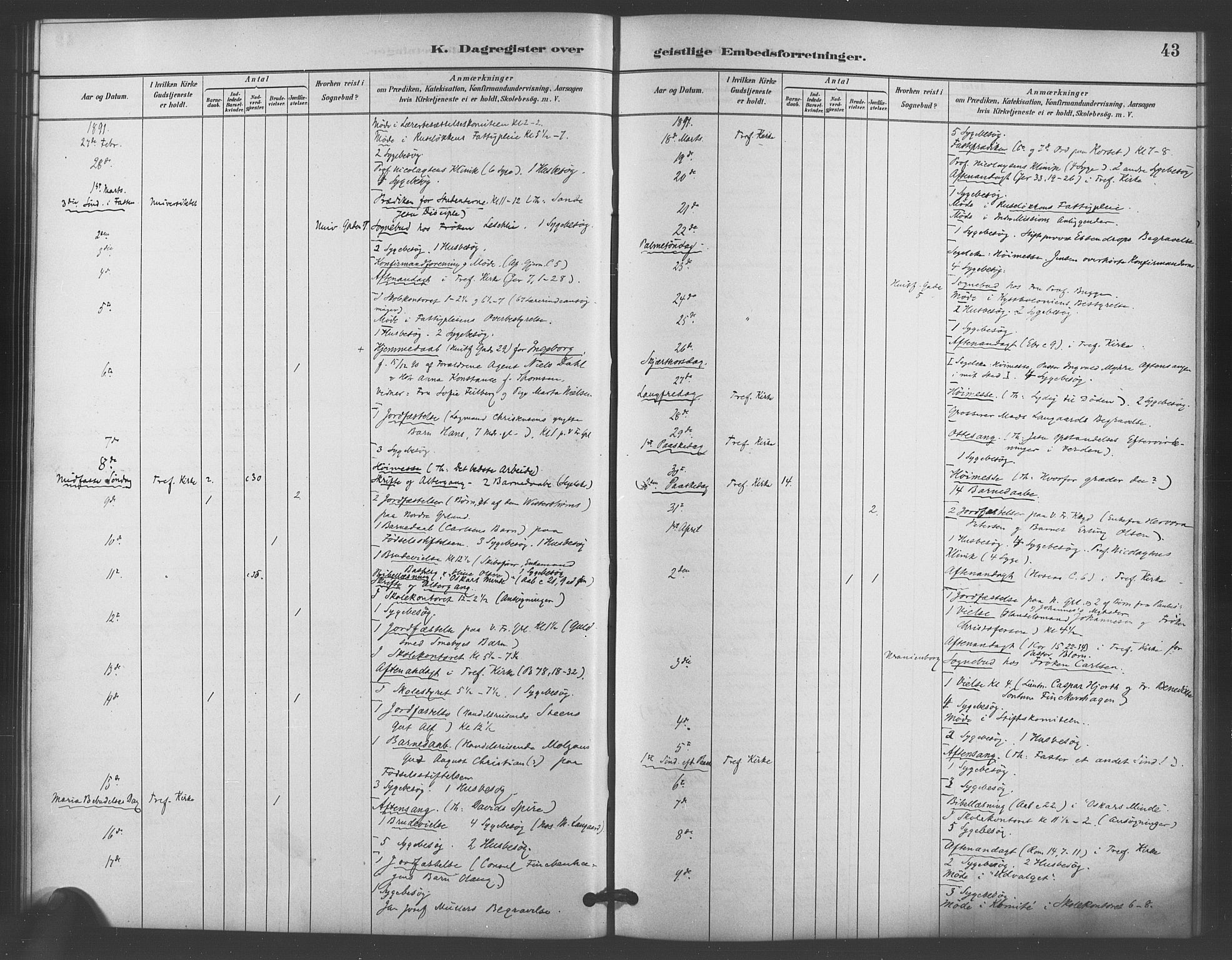 Trefoldighet prestekontor Kirkebøker, AV/SAO-A-10882/I/Ia/L0004: Diary records no. 4, 1882-1901, p. 43