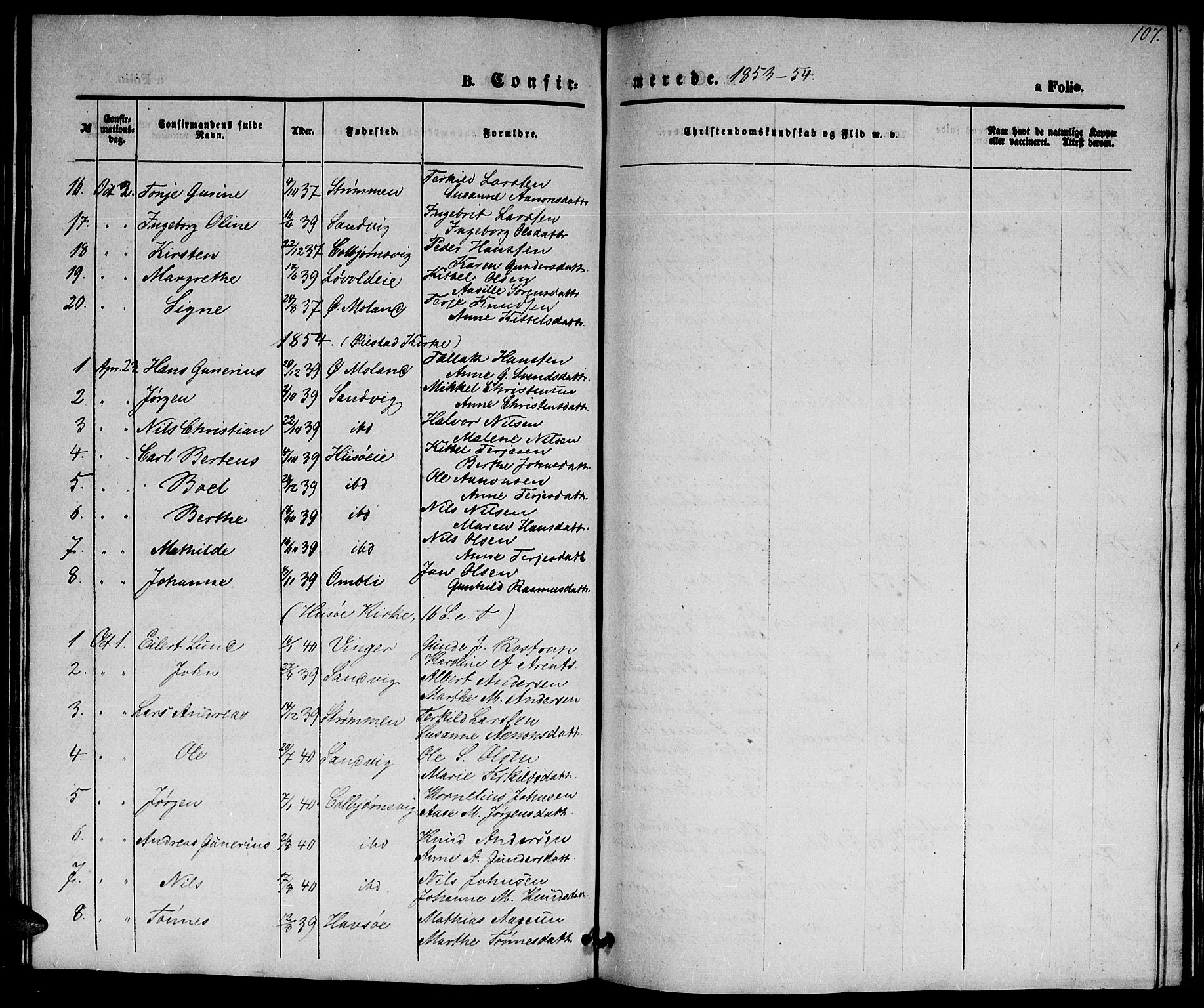 Hisøy sokneprestkontor, SAK/1111-0020/F/Fb/L0001: Parish register (copy) no. B 1, 1849-1872, p. 107