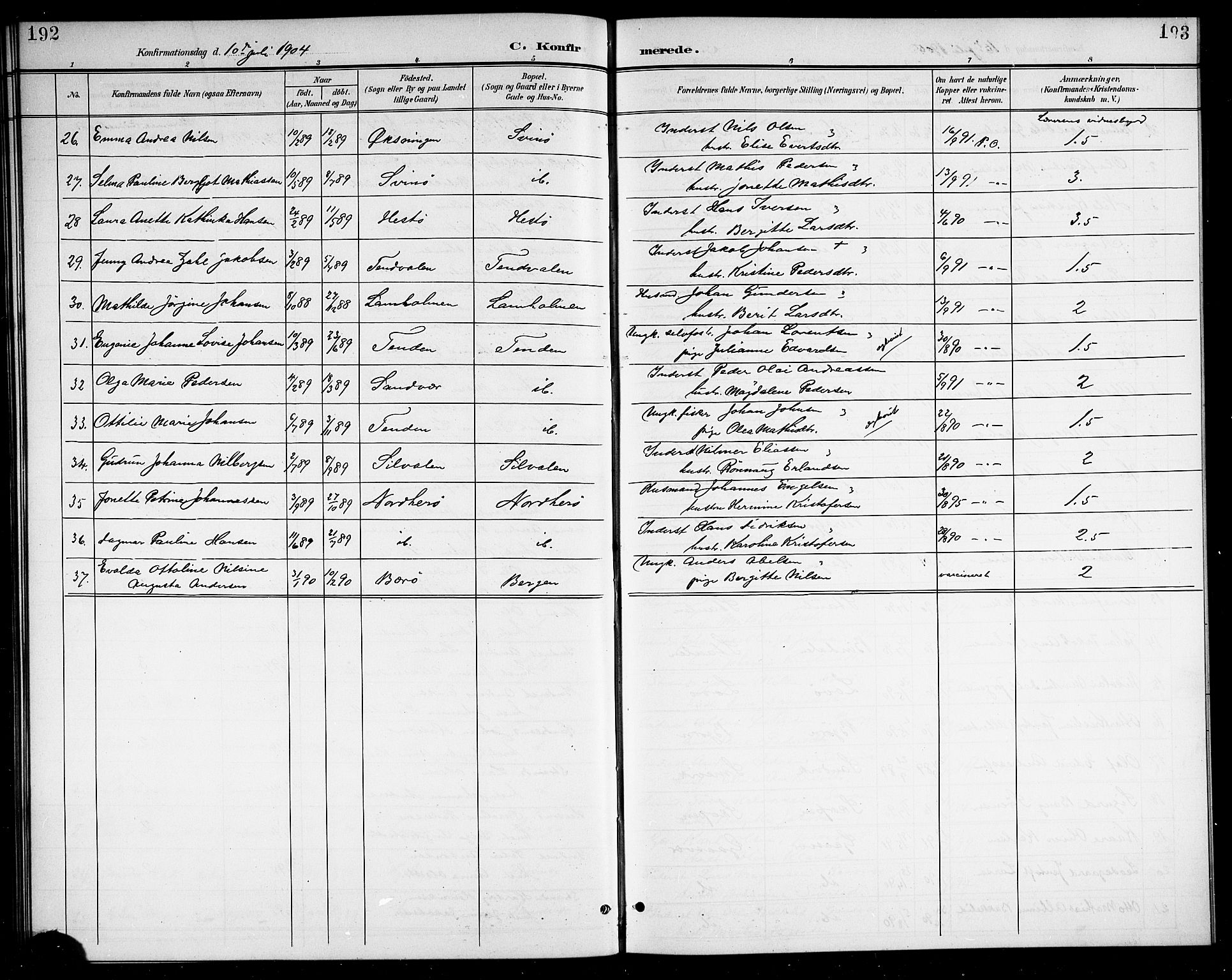 Ministerialprotokoller, klokkerbøker og fødselsregistre - Nordland, AV/SAT-A-1459/834/L0516: Parish register (copy) no. 834C06, 1902-1918, p. 192-193