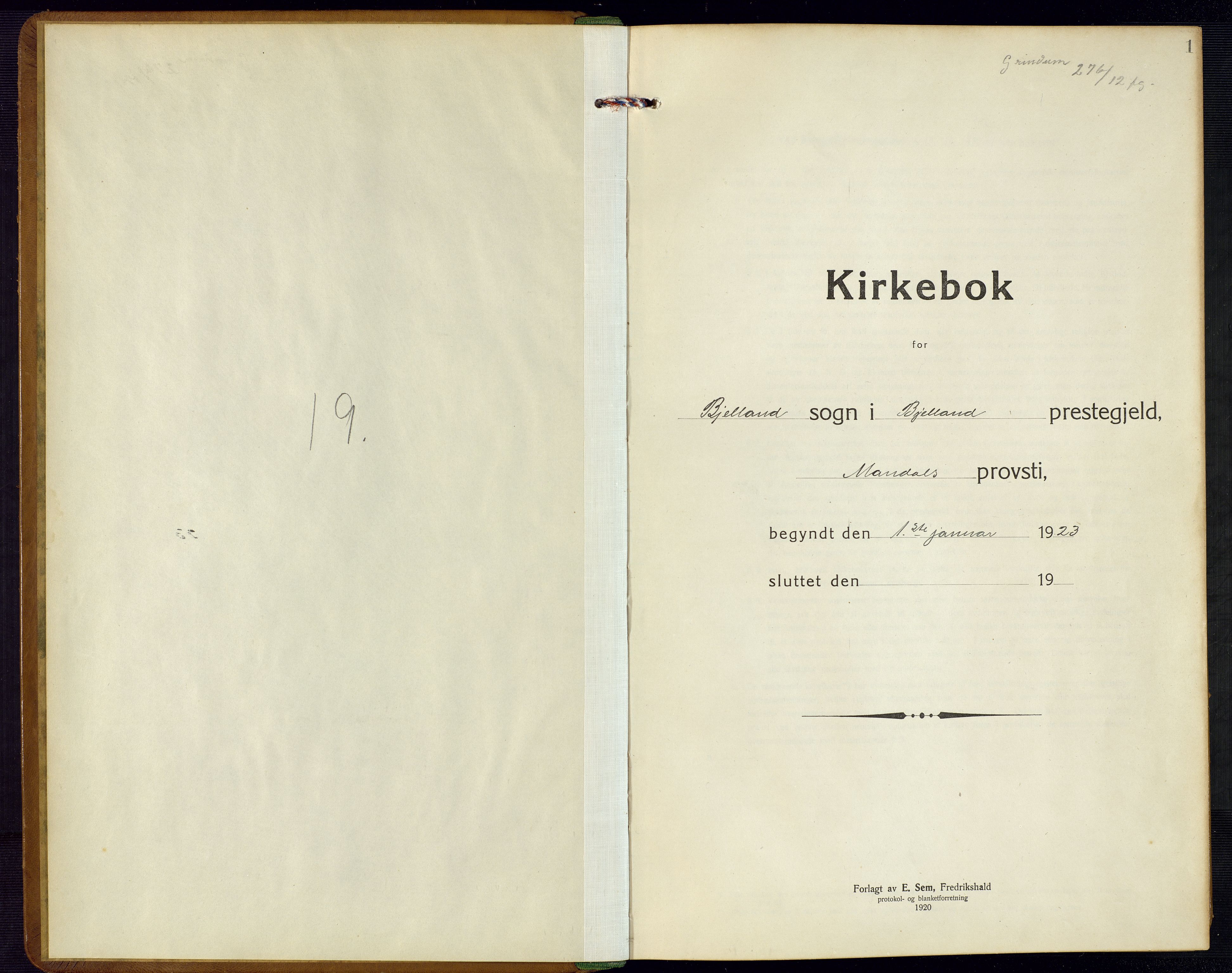 Bjelland sokneprestkontor, SAK/1111-0005/F/Fb/Fba/L0006: Parish register (copy) no. B 6, 1923-1956, p. 1