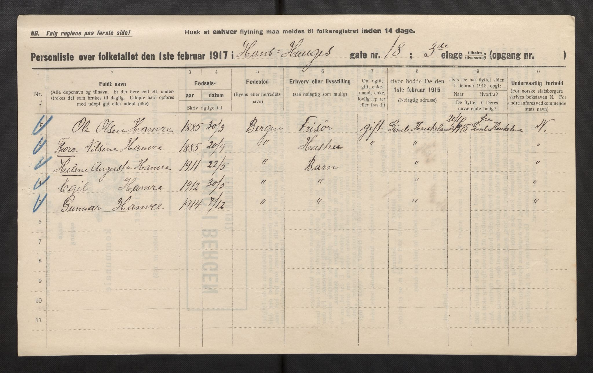 SAB, Municipal Census 1917 for Bergen, 1917, p. 11883