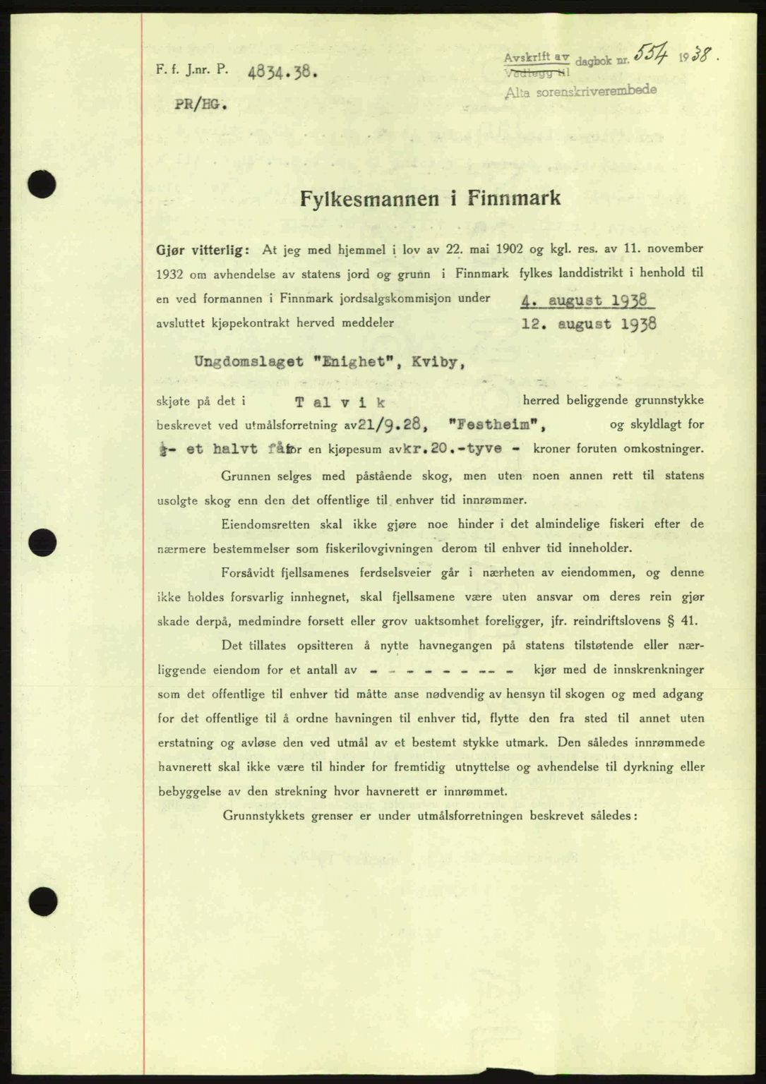 Alta fogderi/sorenskriveri, SATØ/SATØ-5/1/K/Kd/L0031pantebok: Mortgage book no. 31, 1938-1939, Diary no: : 554/1938