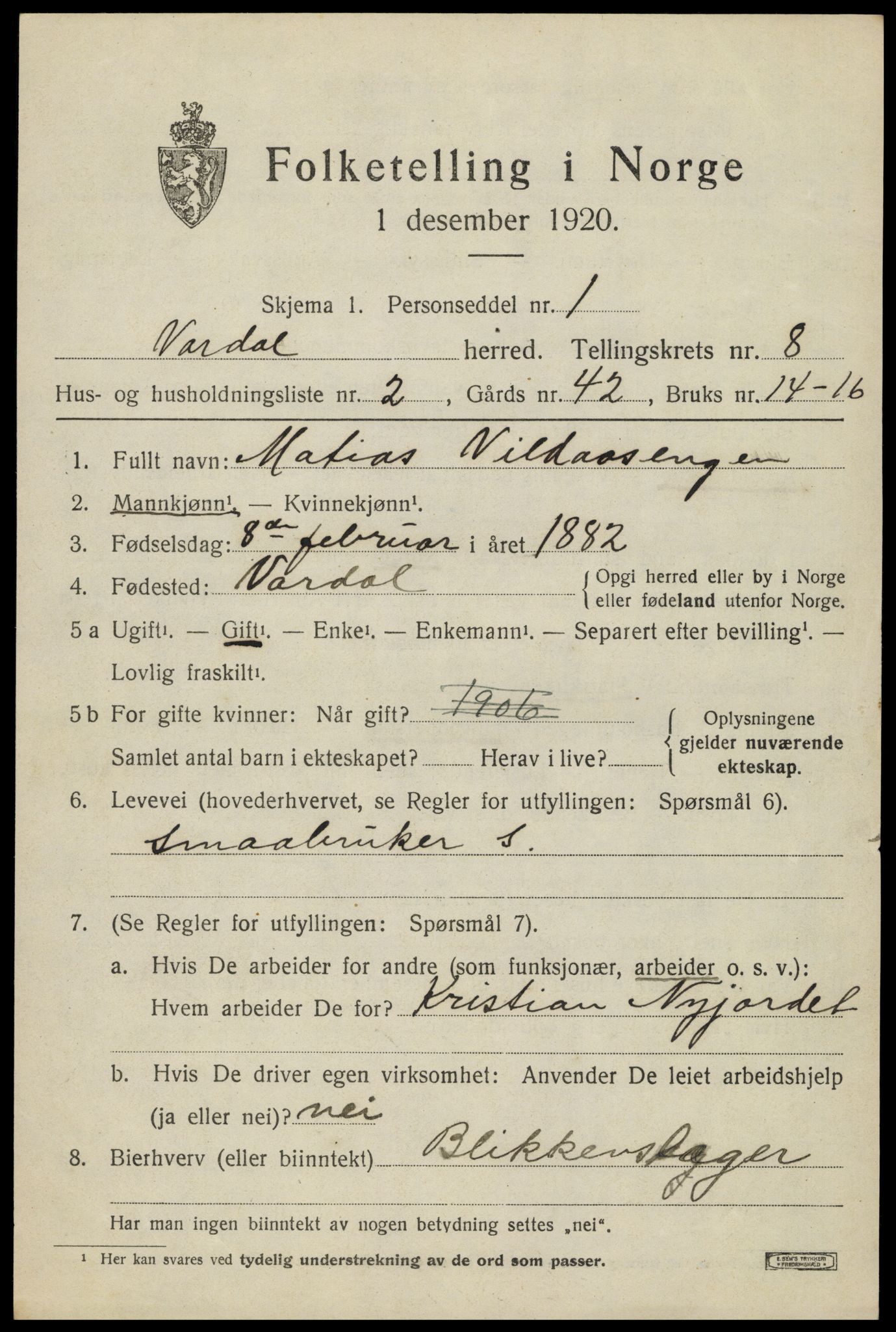 SAH, 1920 census for Vardal, 1920, p. 5731