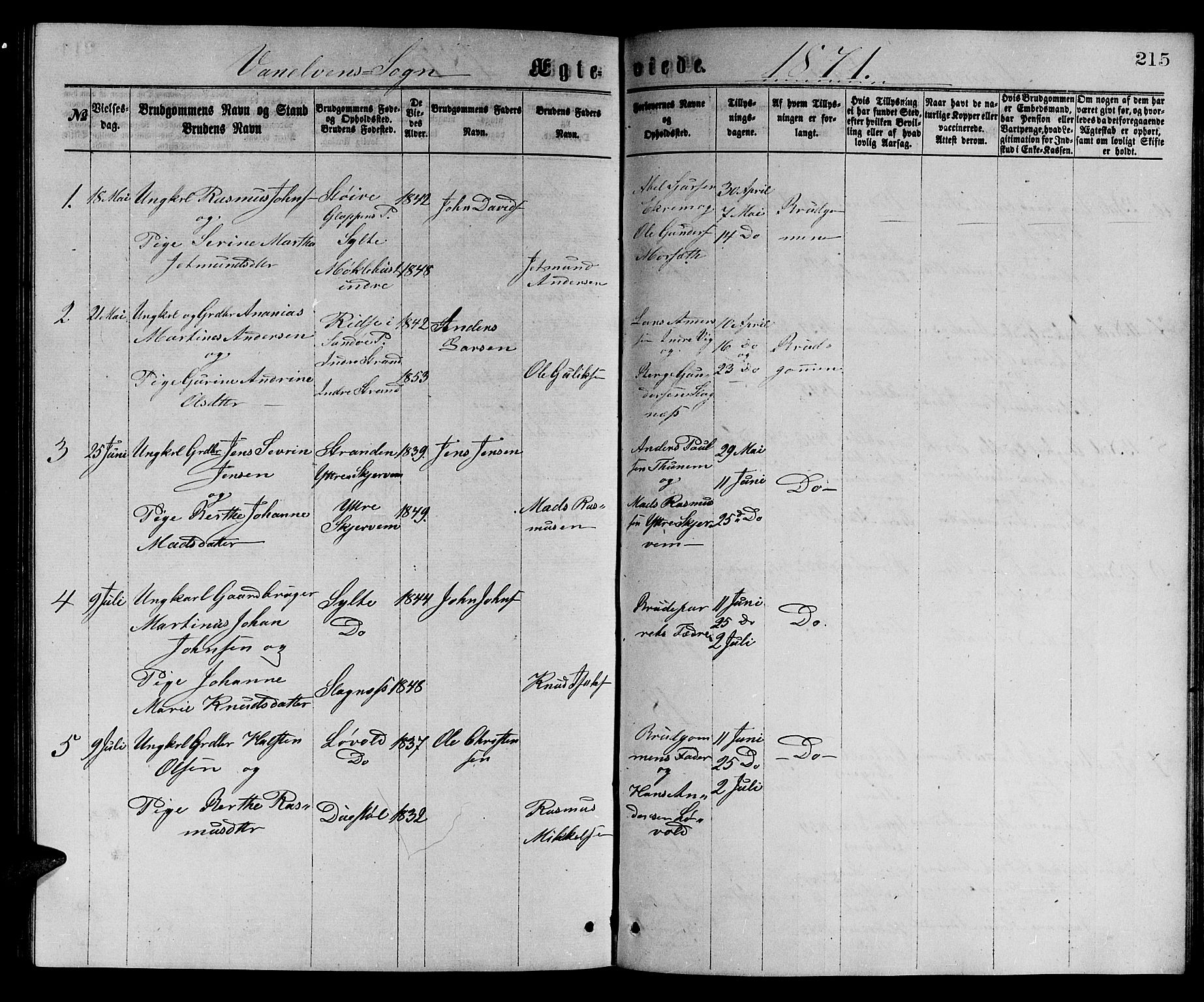 Ministerialprotokoller, klokkerbøker og fødselsregistre - Møre og Romsdal, SAT/A-1454/501/L0016: Parish register (copy) no. 501C02, 1868-1884, p. 215