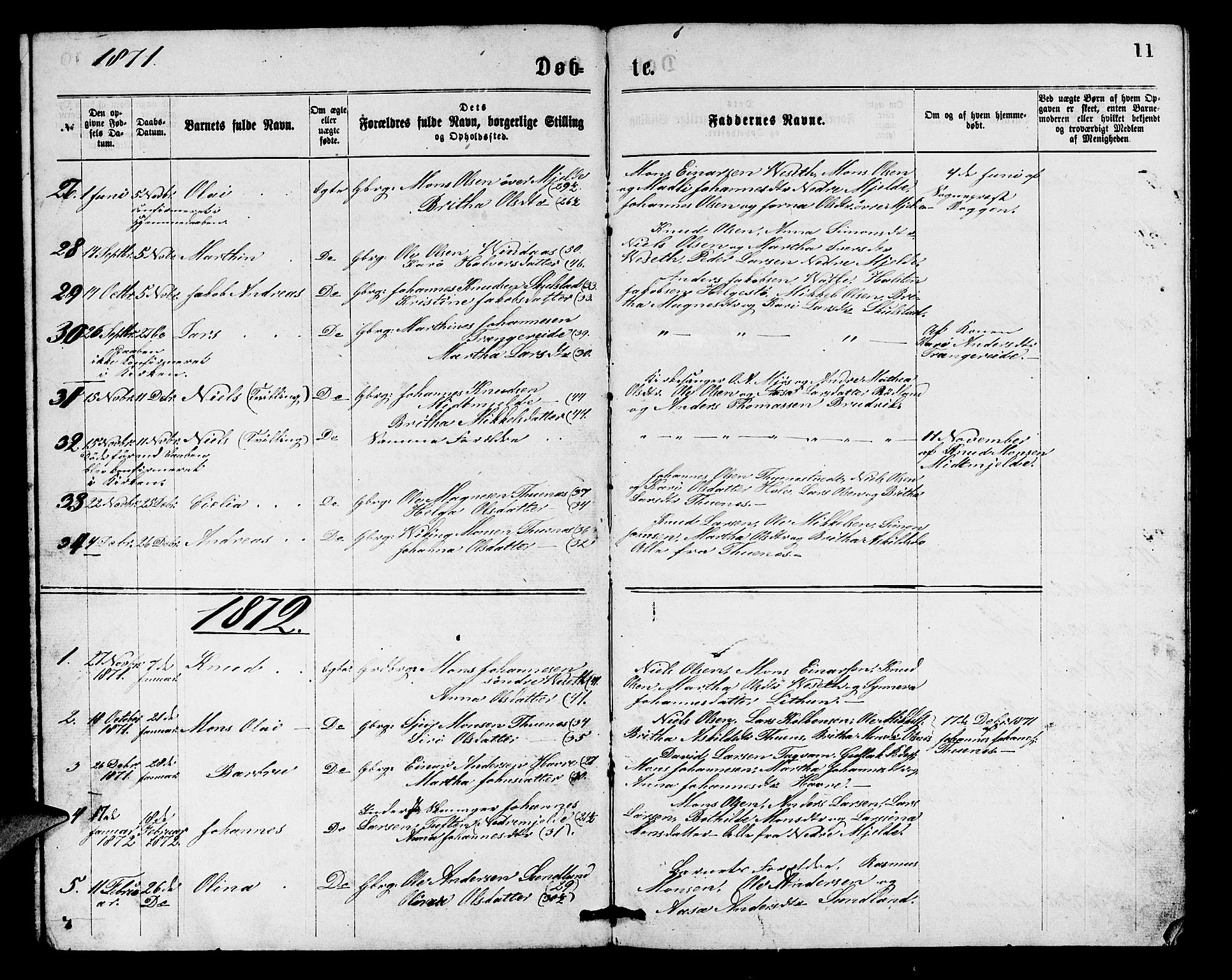 Haus sokneprestembete, SAB/A-75601/H/Hab: Parish register (copy) no. B 1, 1869-1878, p. 11