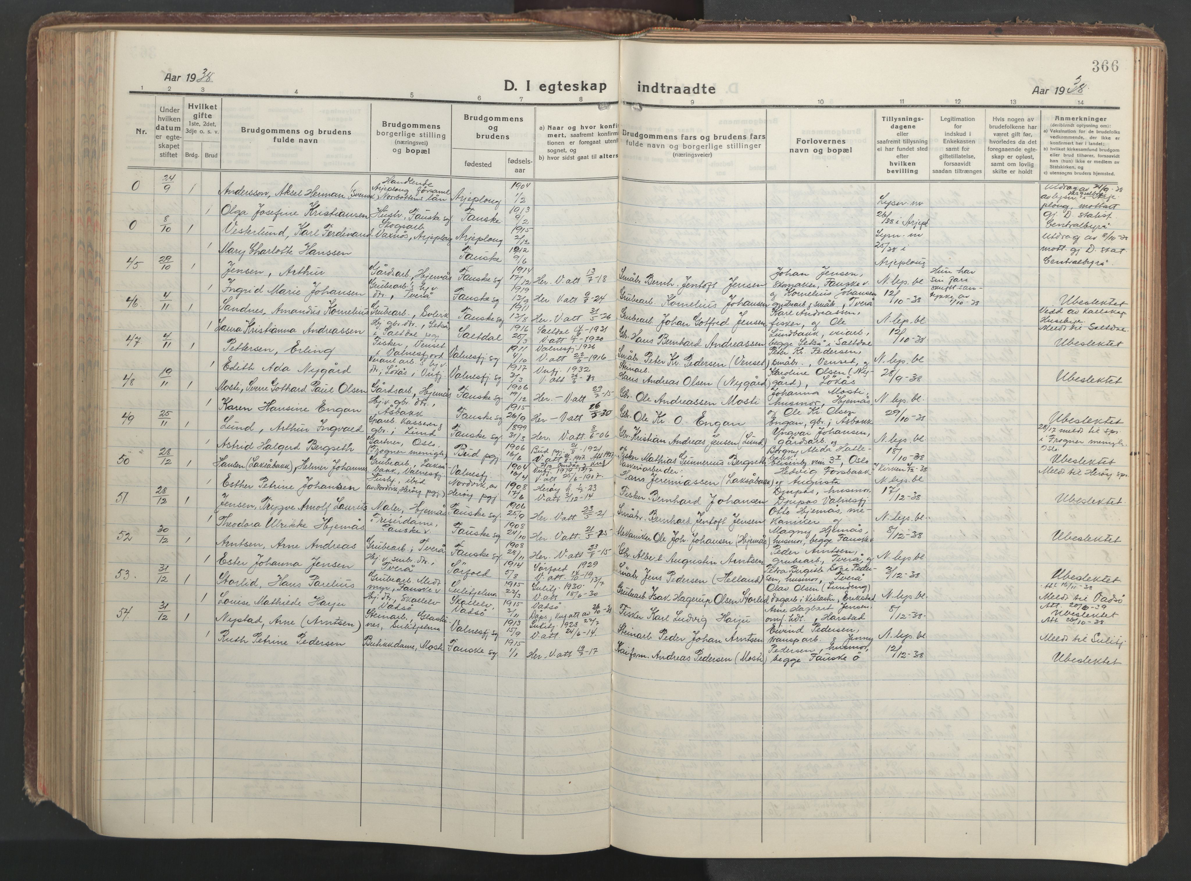 Ministerialprotokoller, klokkerbøker og fødselsregistre - Nordland, AV/SAT-A-1459/849/L0700: Parish register (copy) no. 849C01, 1919-1946, p. 366