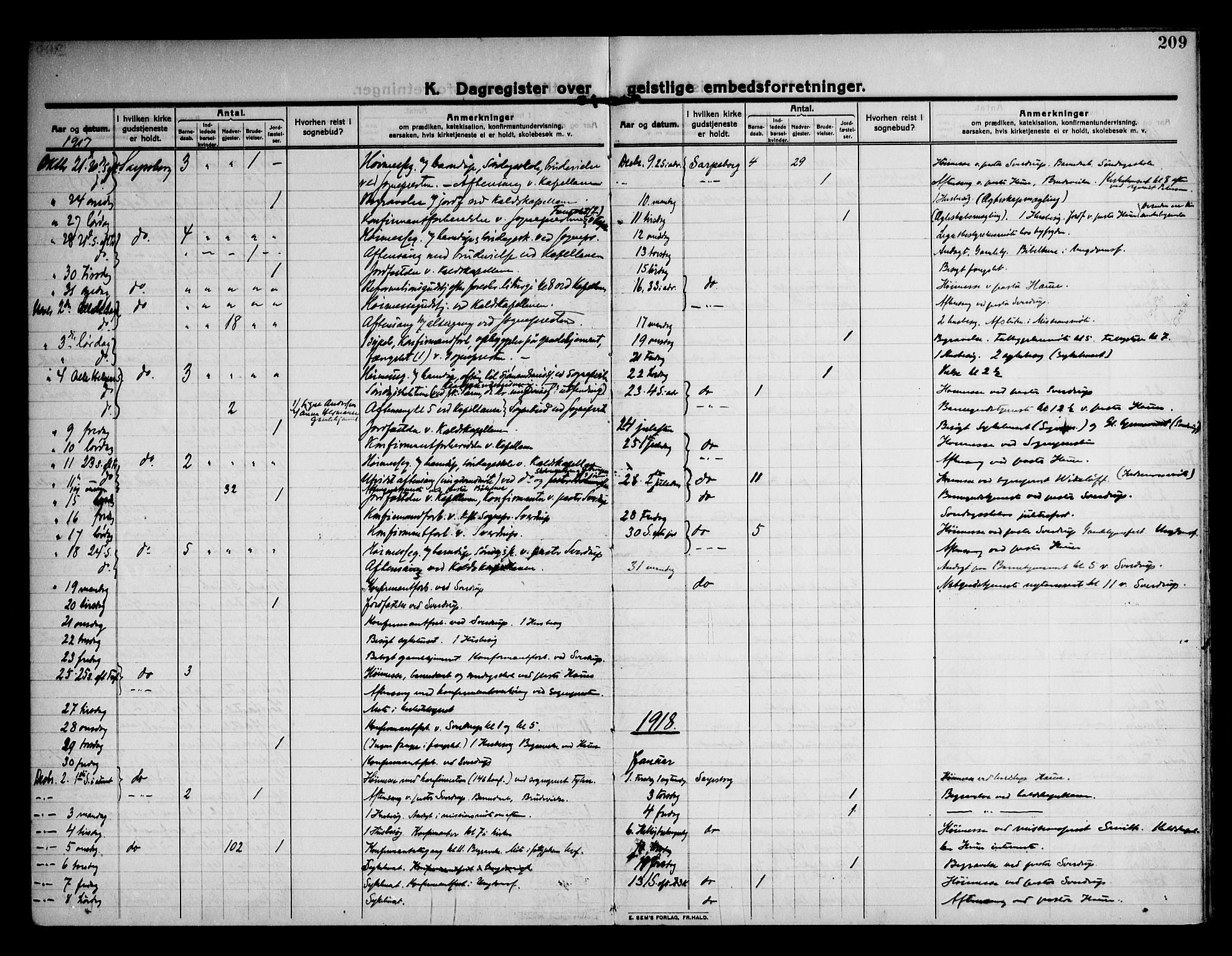 Sarpsborg prestekontor Kirkebøker, AV/SAO-A-2006/F/Fa/L0007: Parish register (official) no. 7, 1910-1918, p. 209