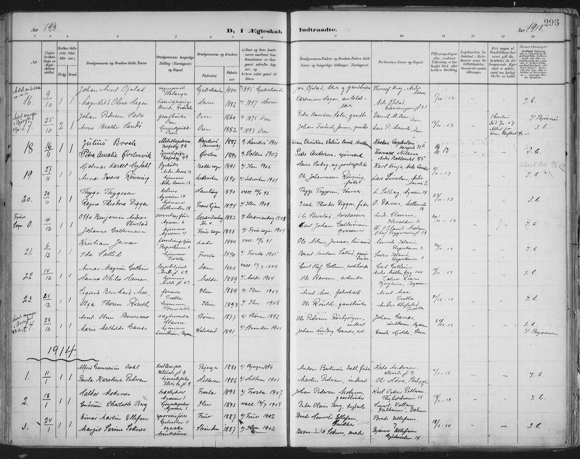 Ministerialprotokoller, klokkerbøker og fødselsregistre - Sør-Trøndelag, SAT/A-1456/603/L0167: Parish register (official) no. 603A06, 1896-1932, p. 296