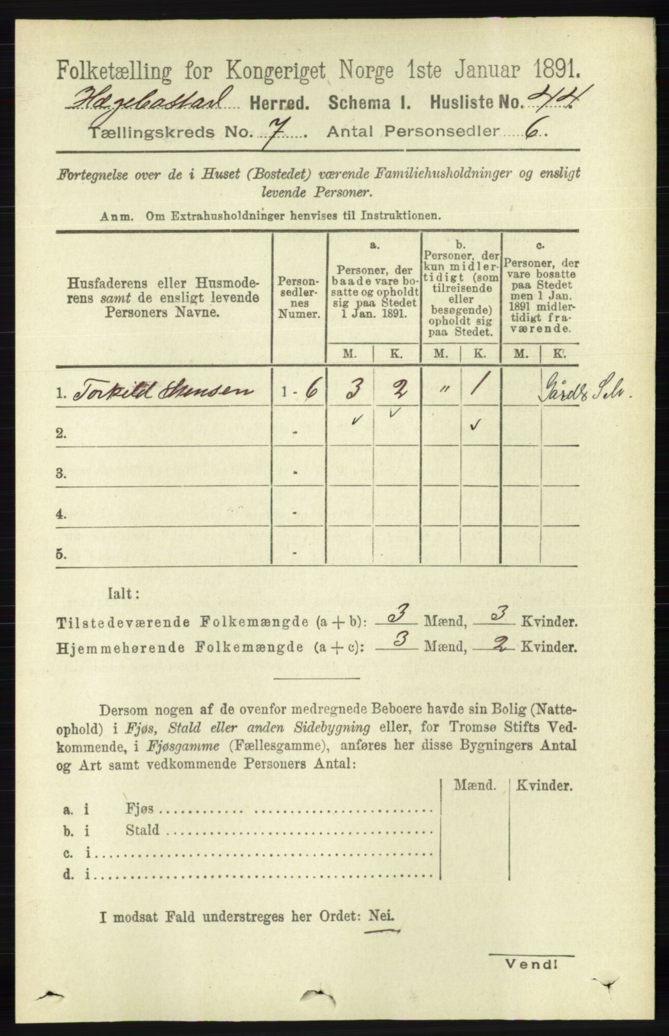 RA, 1891 census for 1034 Hægebostad, 1891, p. 2091