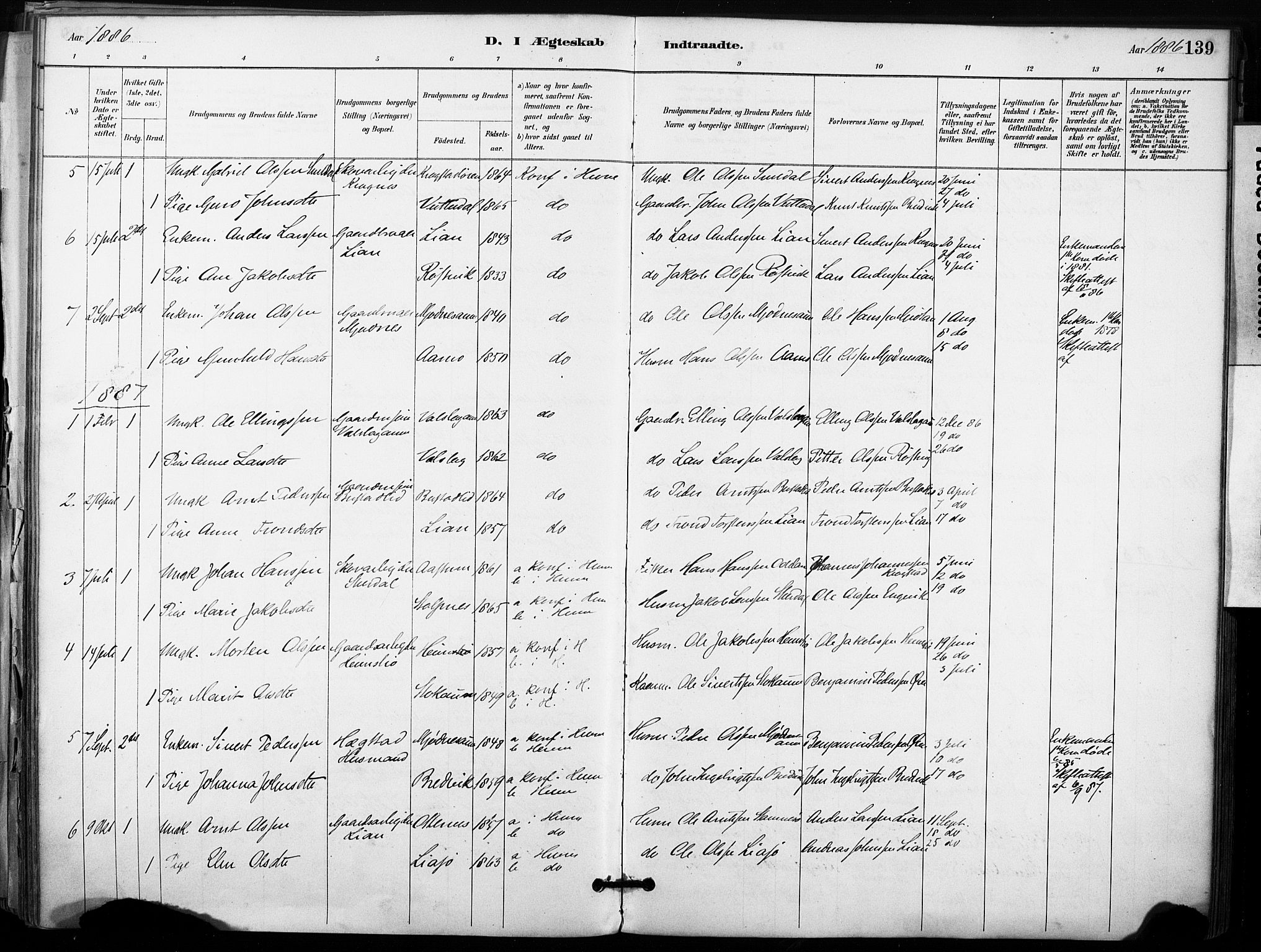 Ministerialprotokoller, klokkerbøker og fødselsregistre - Sør-Trøndelag, SAT/A-1456/633/L0518: Parish register (official) no. 633A01, 1884-1906, p. 139